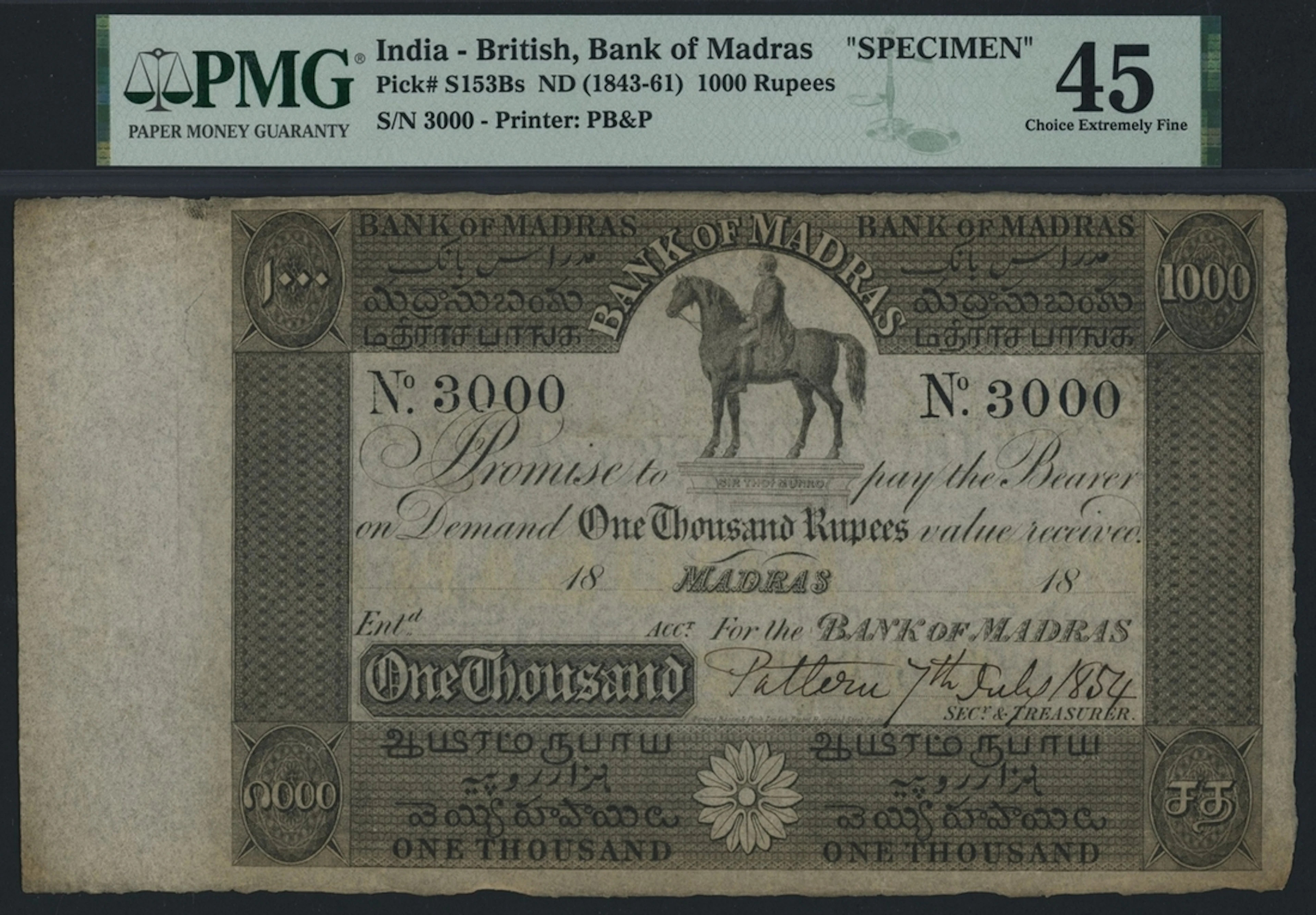 Bank of Madras, India - British, *TOP POP* specimen 1000 Rupees, 7th