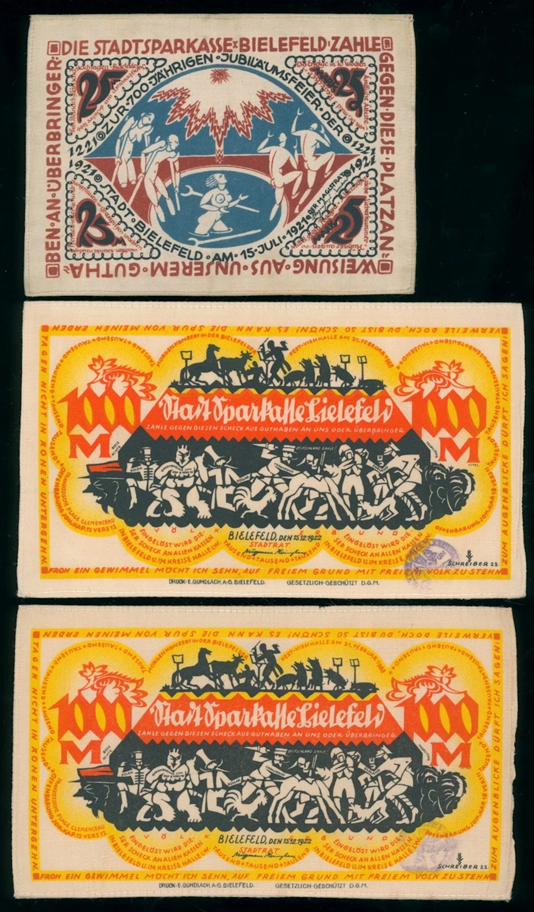 City of Bielefeld, Germany, Notgeld, a group of 3x cloth notes, including