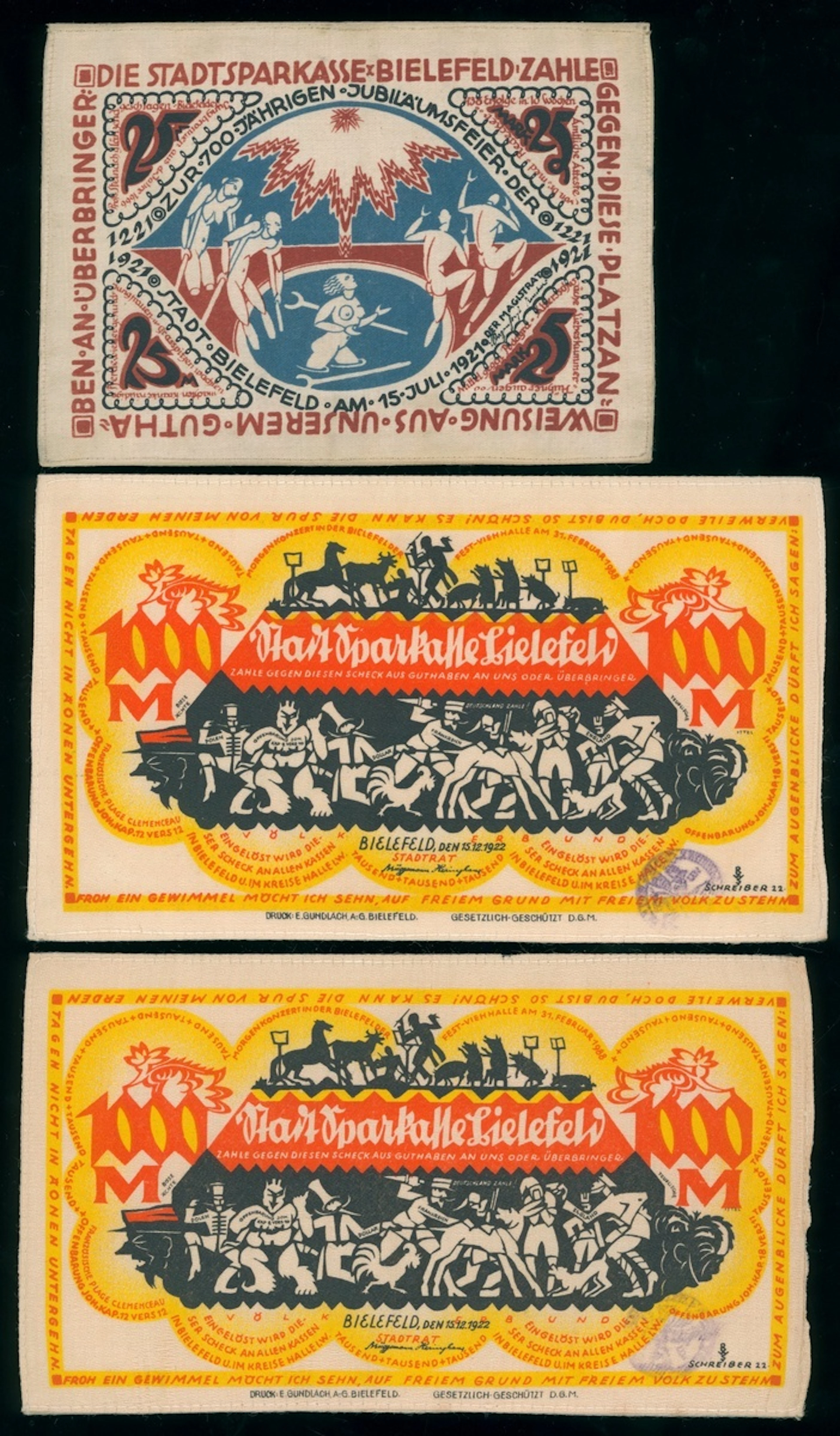 City of Bielefeld, Germany, Notgeld, a group of 3x cloth notes, including