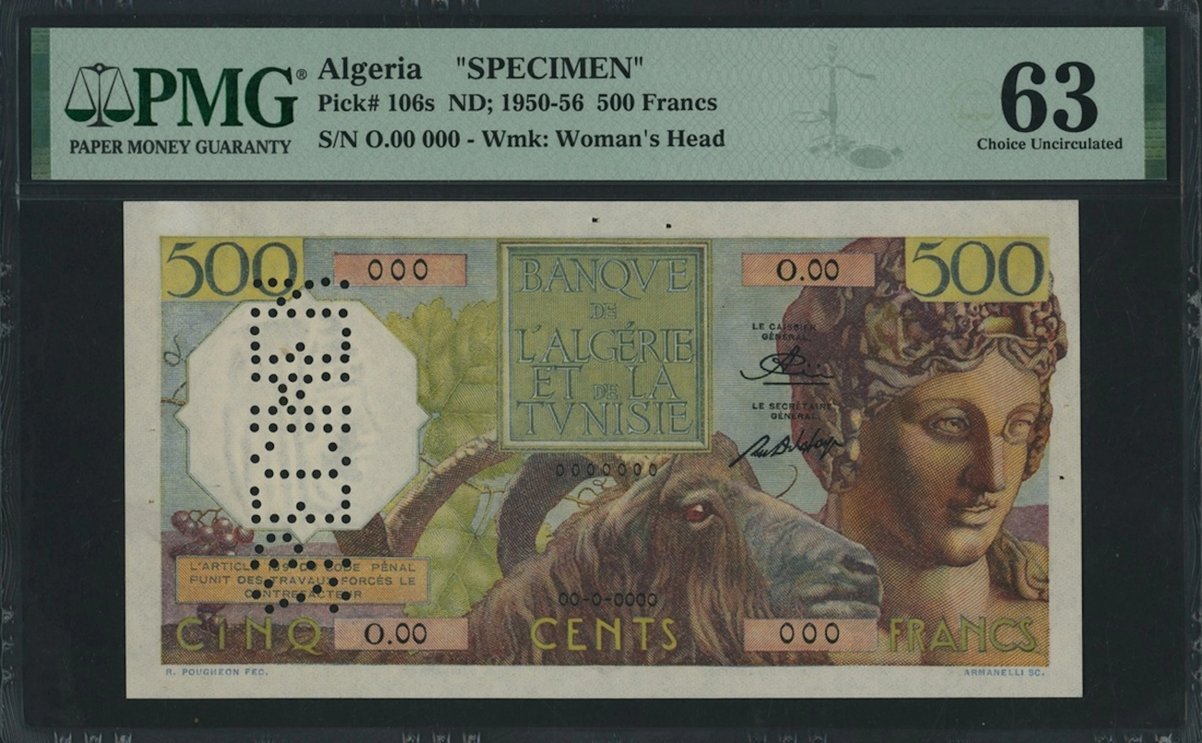 Banque de l'Algérie et de la Tunisie, Algeria, specimen 500 Francs