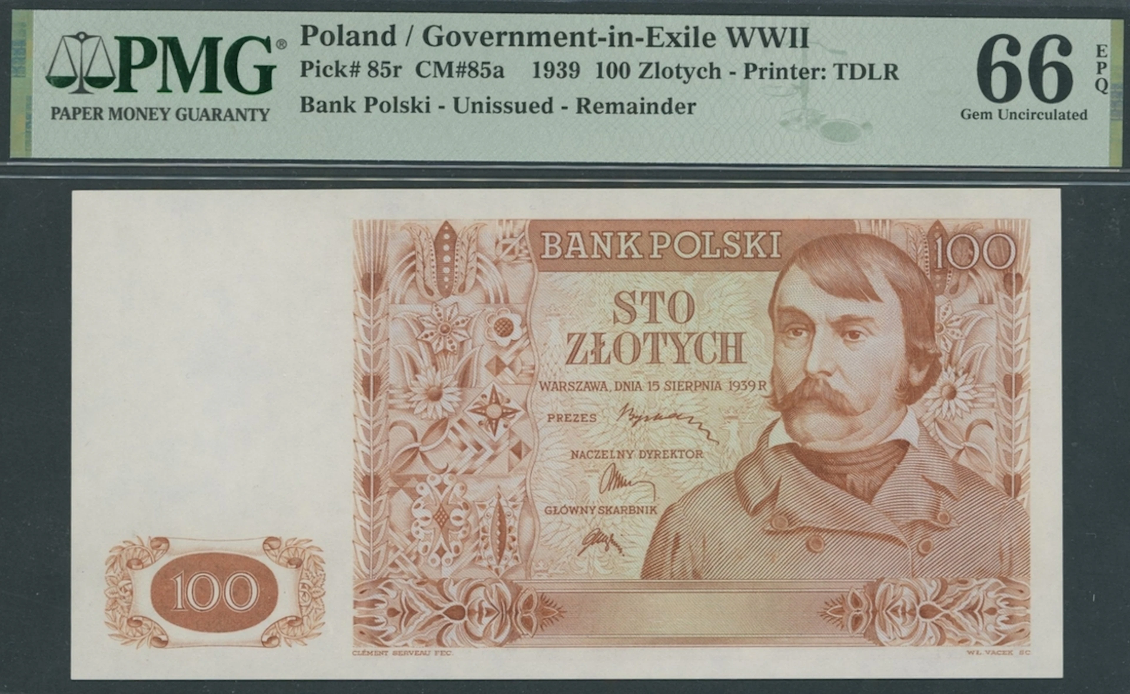 Poland, Government-in-Exile, WWII remainder 100 Zlotych, 15th August