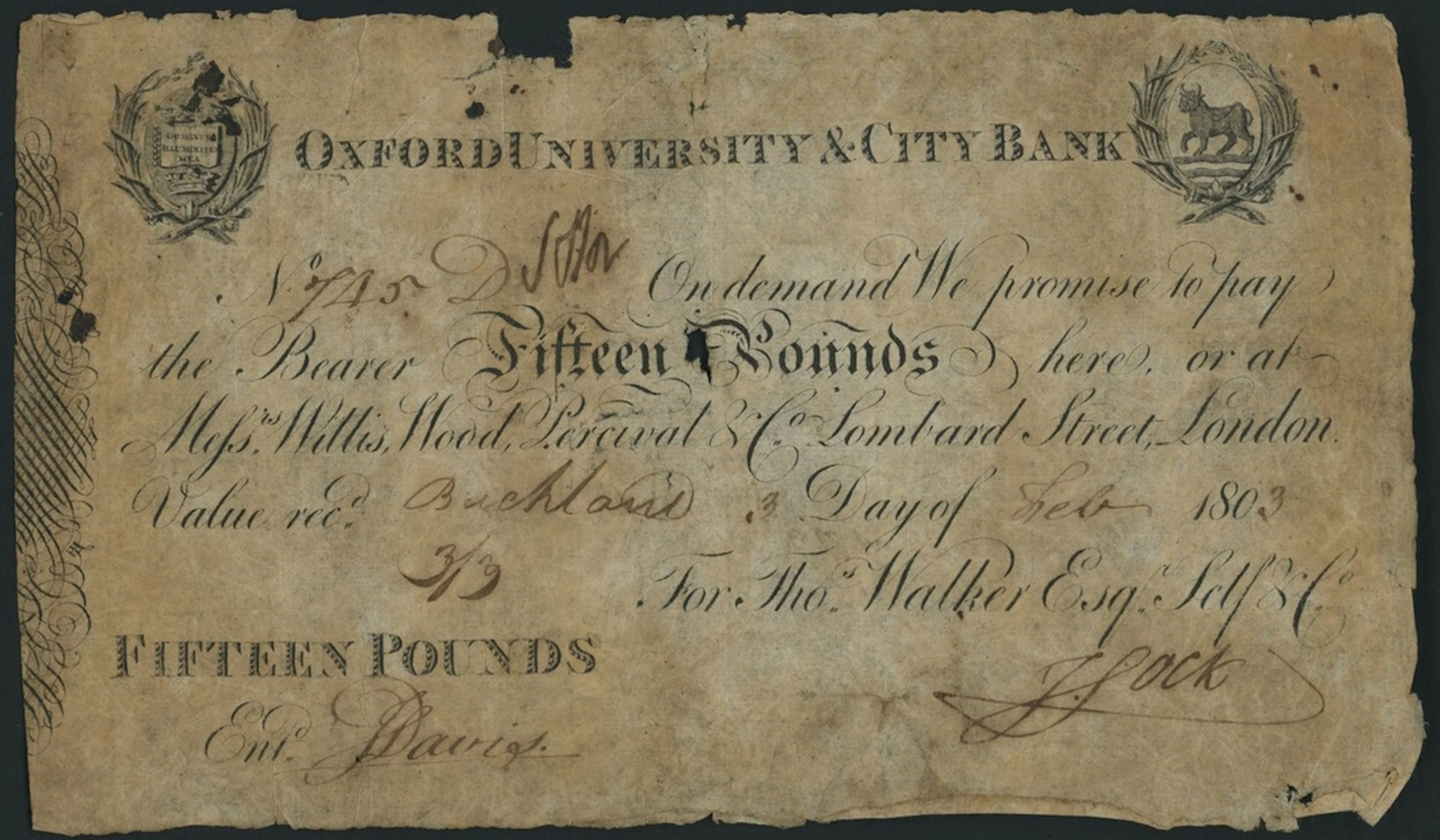 Oxford University & City Bank, for Thos Walker Esq., Self & Co., £15