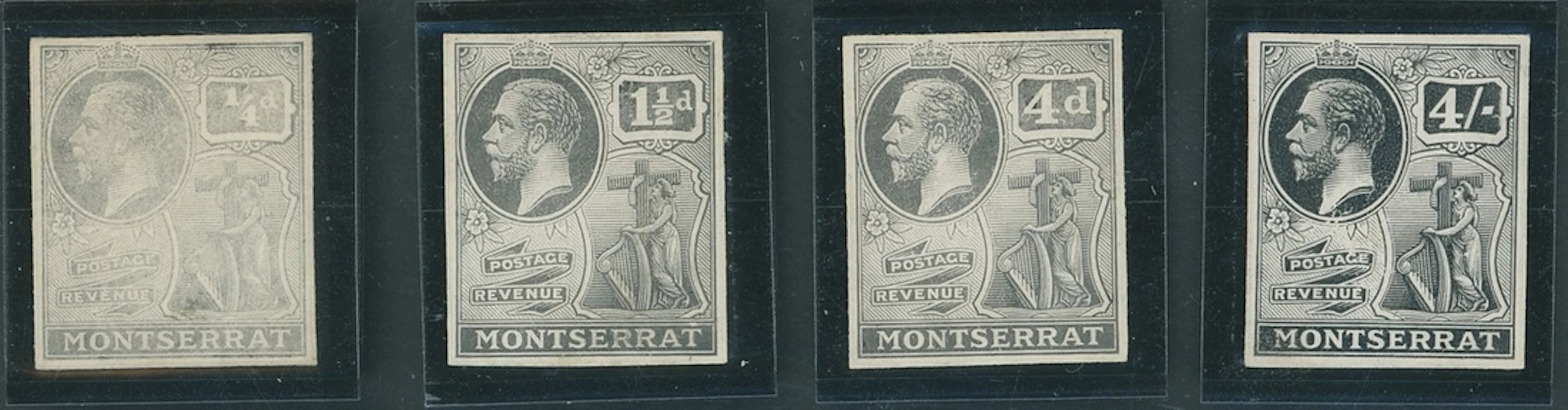 Montserrat 1922-29 group of stamp-sized die proofs in black on thick