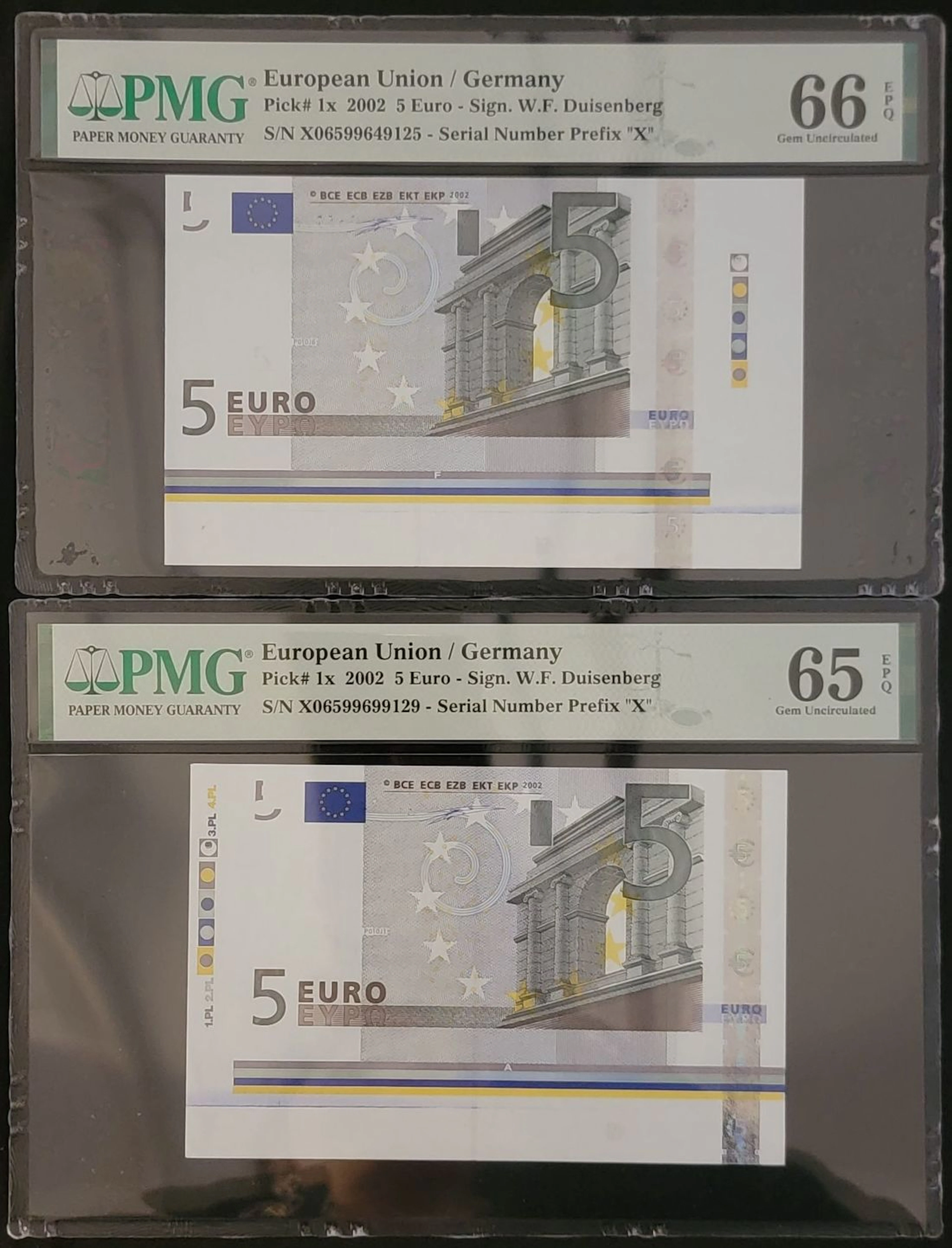 European Union, Germany, a pair of 5 Euro, 2002, serial number X06599649125