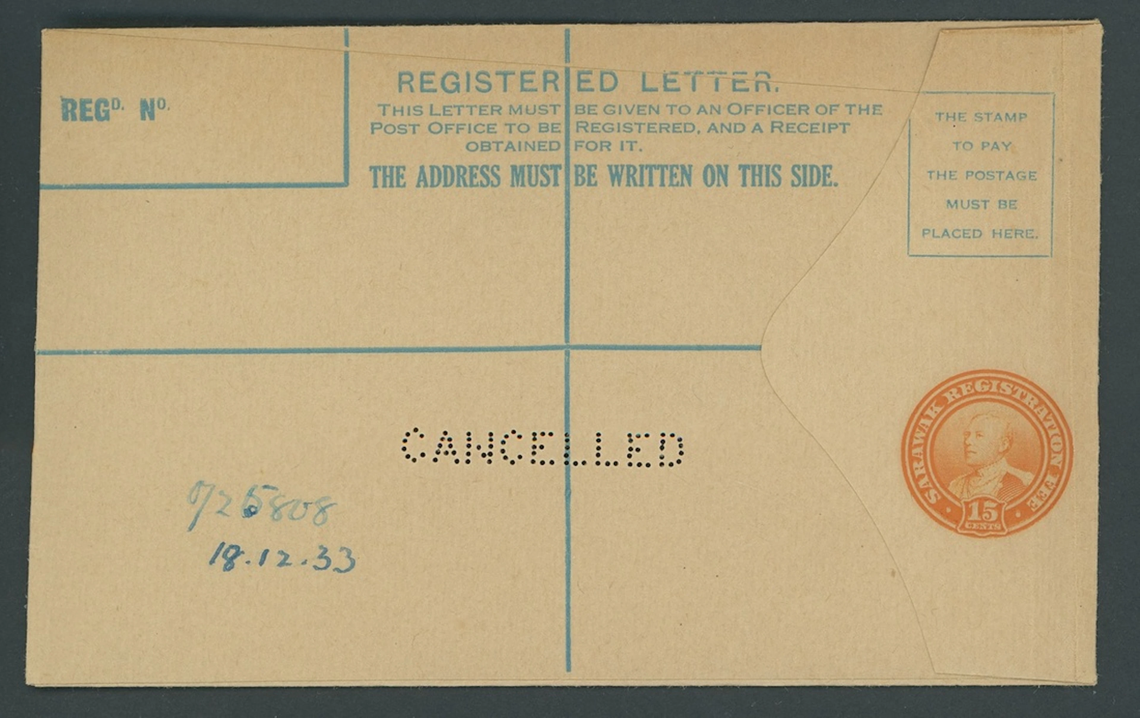 Sarawak Postal Stationery Registered Envelopes 1934 15c. Size G perforated