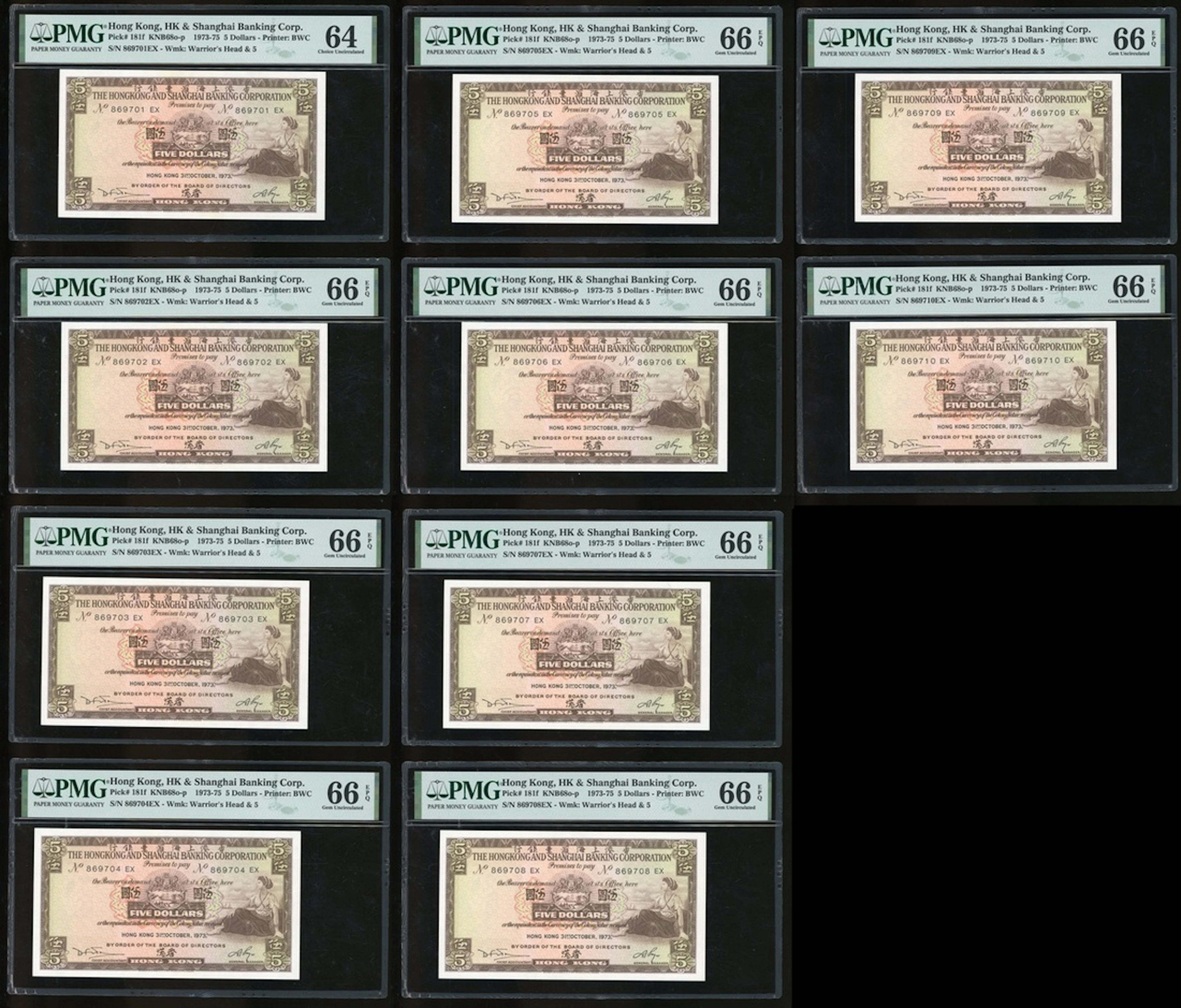 HongKong & Shanghai Banking Corporation, consecutive $5 (10), 1973