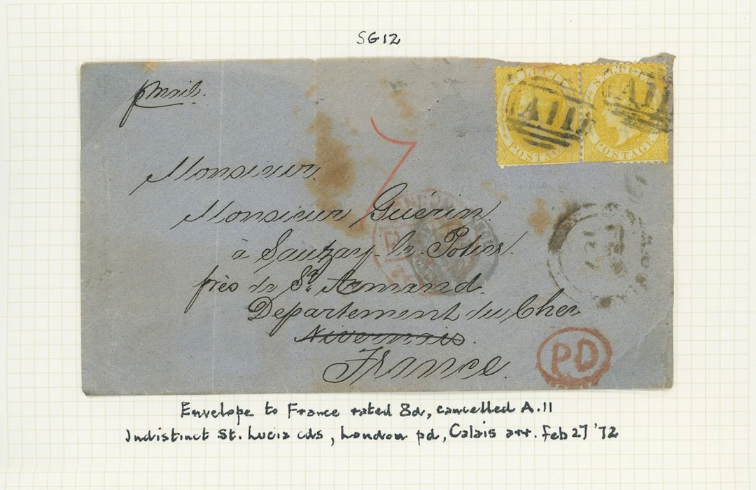 St. Lucia 1872 (Feb.) envelope (faults) to France, rated "7", bearing