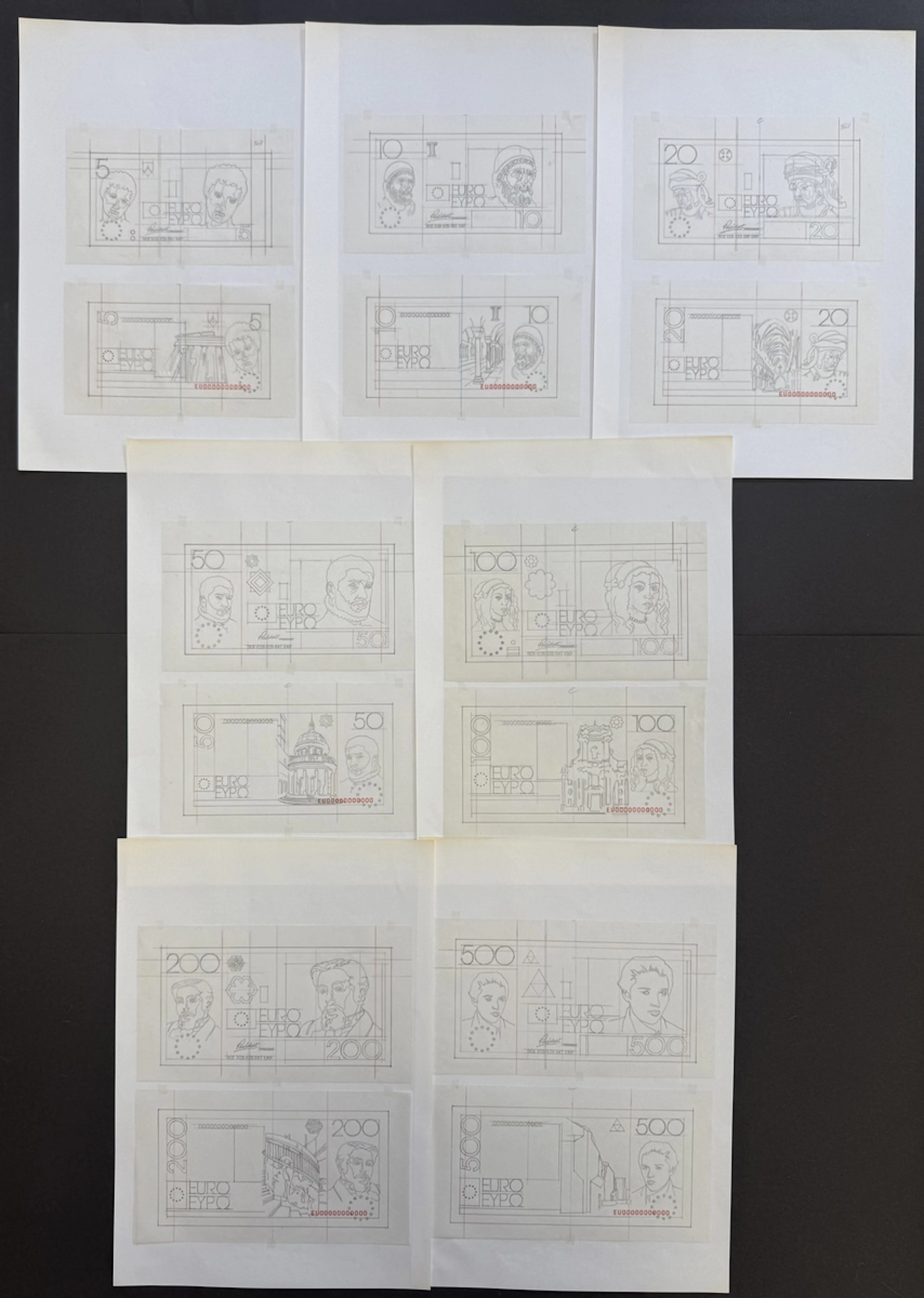 A collection of unadopted Euro Banknote designs, [14 essays] hand-made