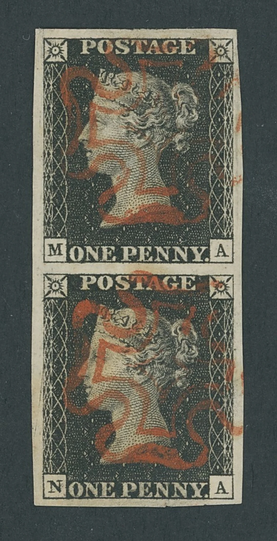 Great Britain 1840 One Penny Black Plate 7 MA-NA, vertical pair, large margins