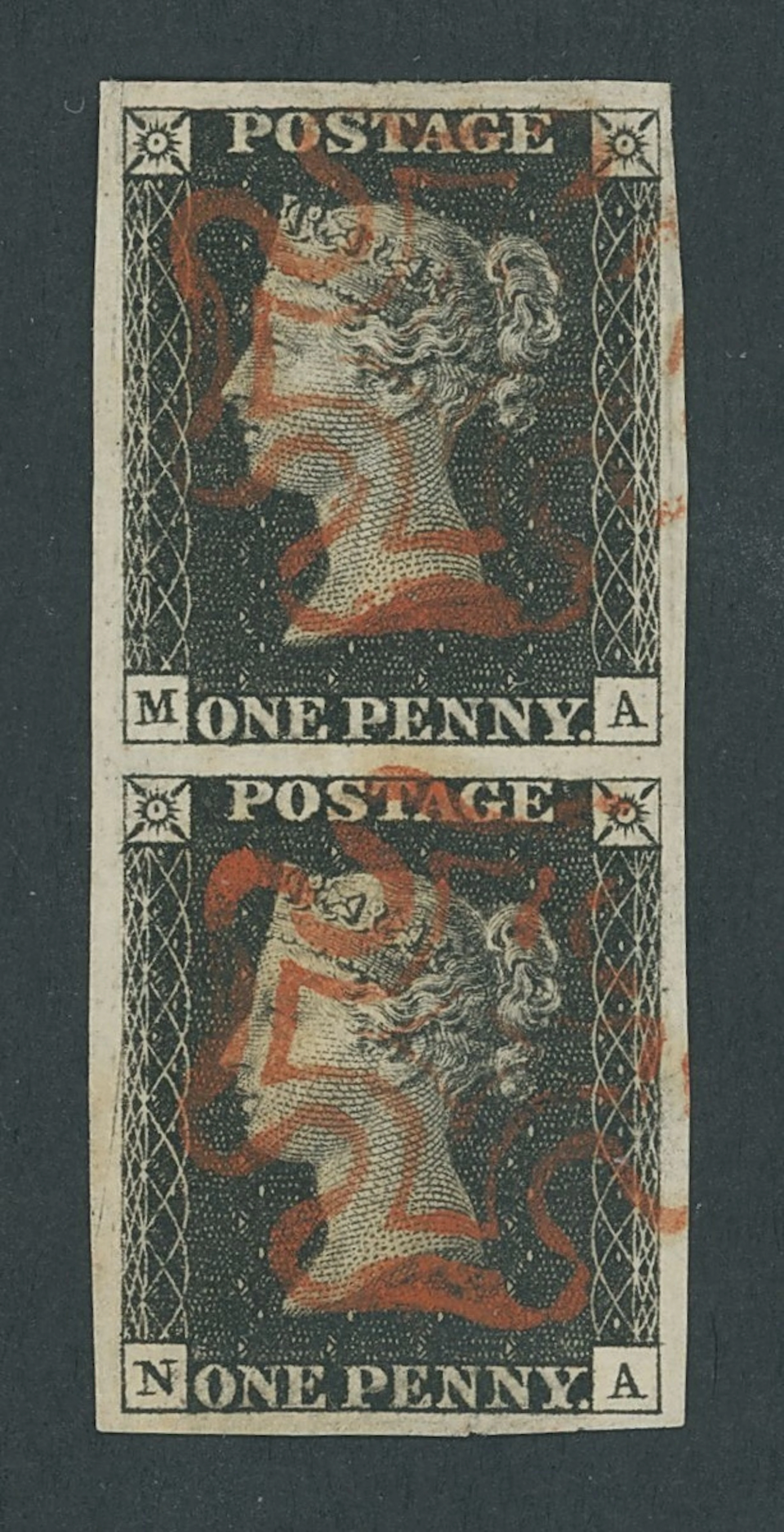 Great Britain 1840 One Penny Black Plate 7 MA-NA, vertical pair, large margins