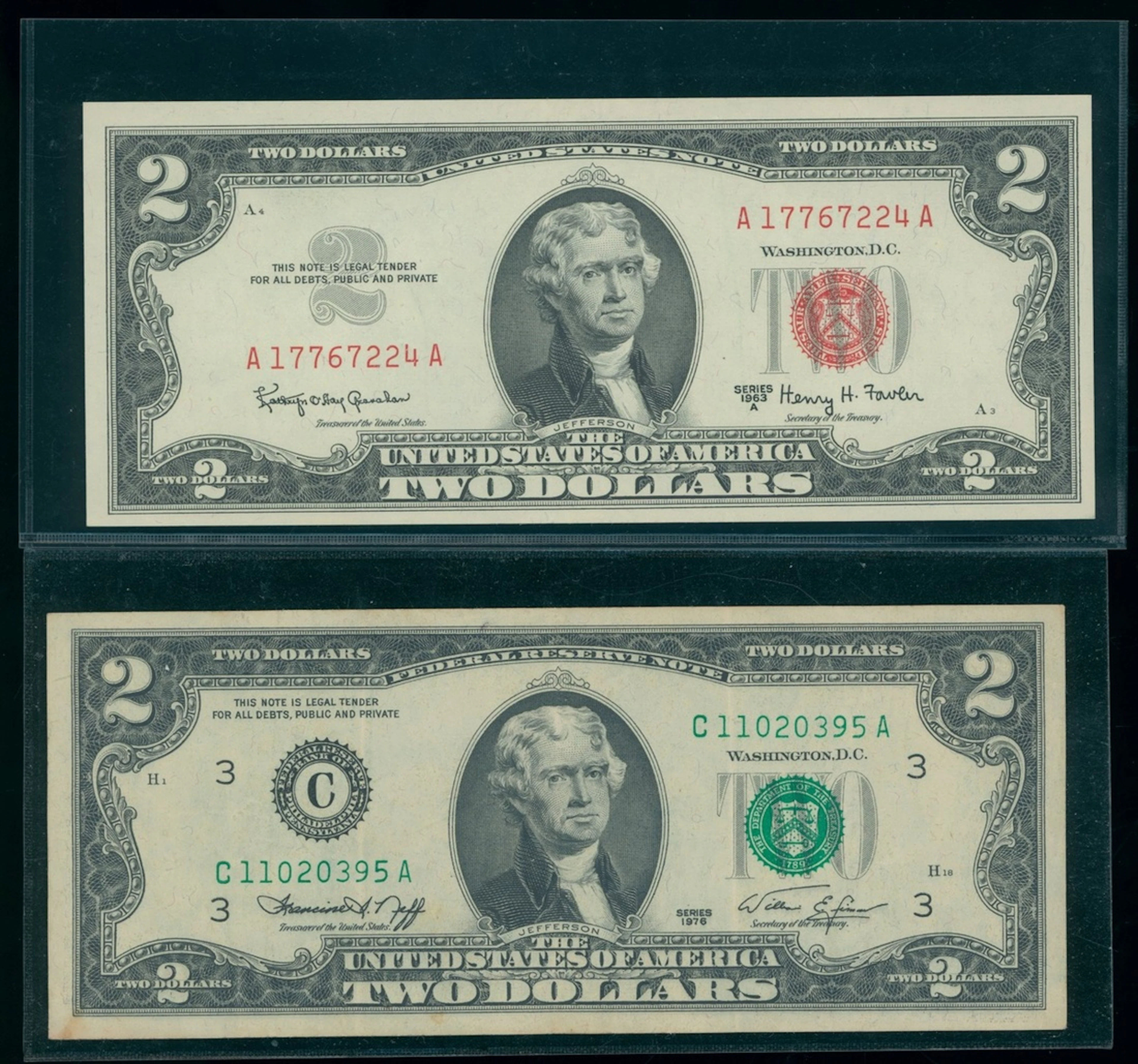 United States, Legan Tender Note, a pair of $2, 1963A and 1976, serial
