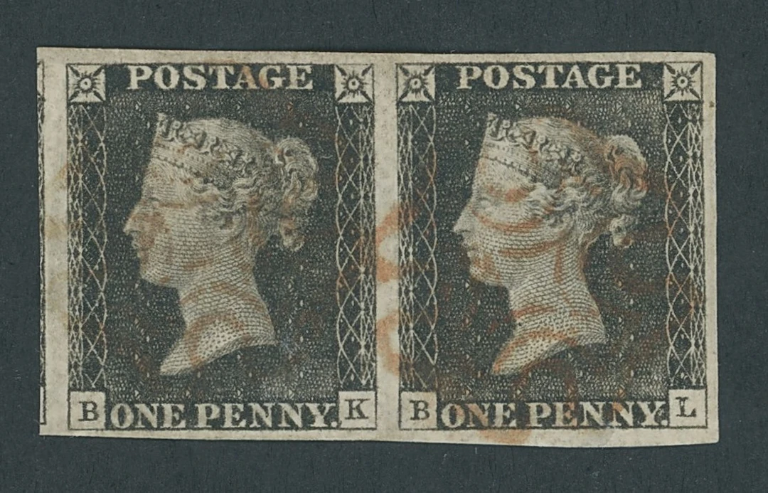 Great Britain 1840 One Penny Black Plate 1a BK-BL horizontal pair