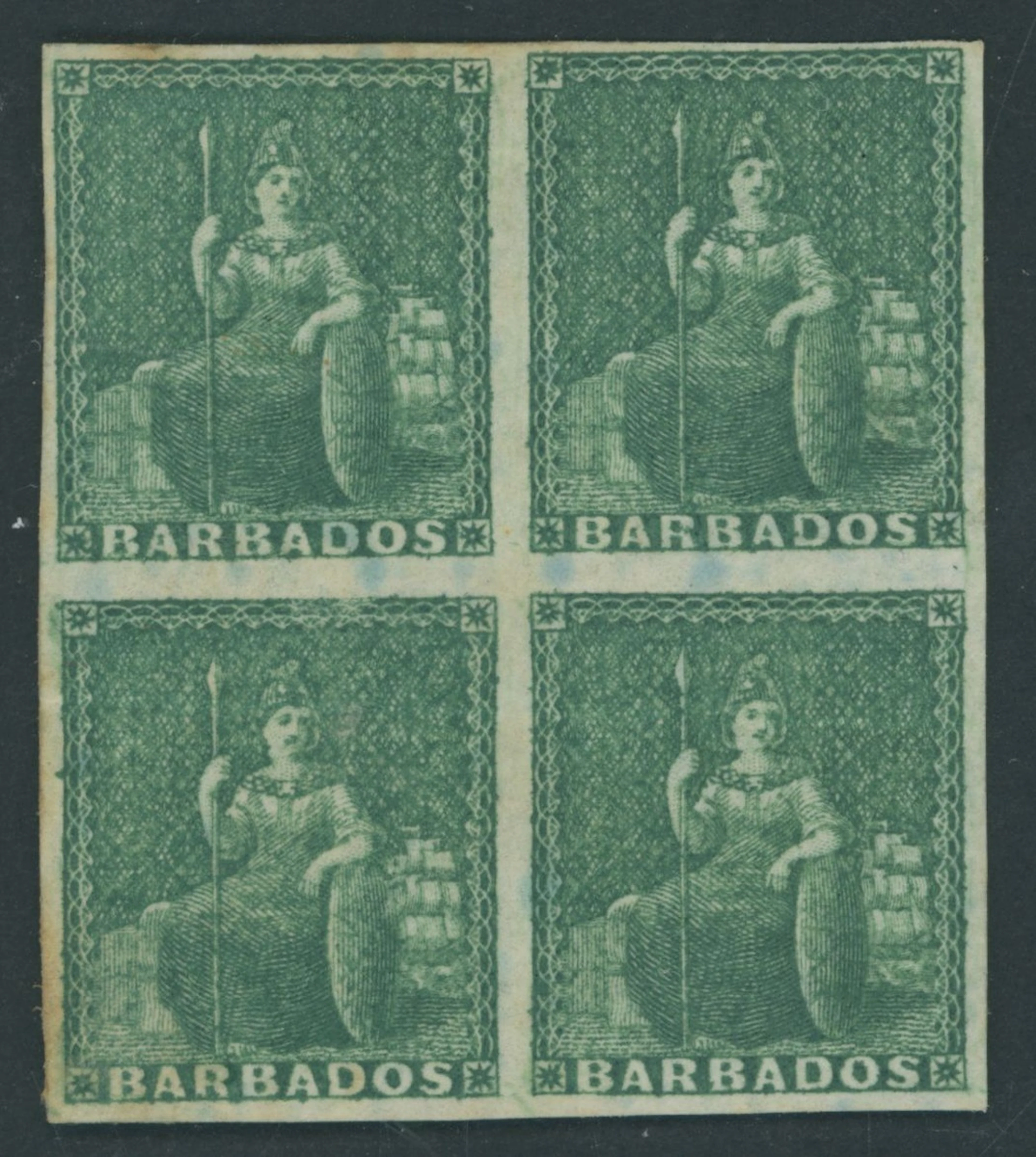 Barbados Britannia Issues 1852-55 blued paper, imperf (½d.) deep green