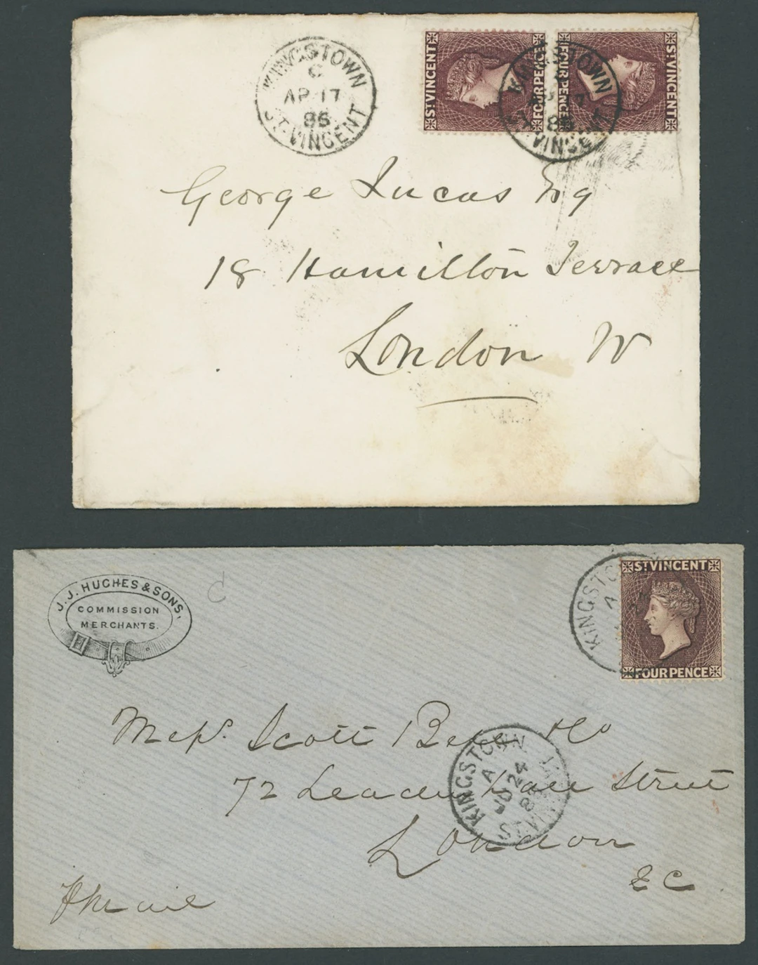 St. Vincent Covers and Cancellations 1886 (17 Apr.) "Lucas" envelope