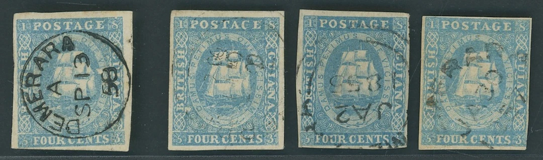 British Guiana 1853-55 4c. blue, four examples, one retouched, cancelled