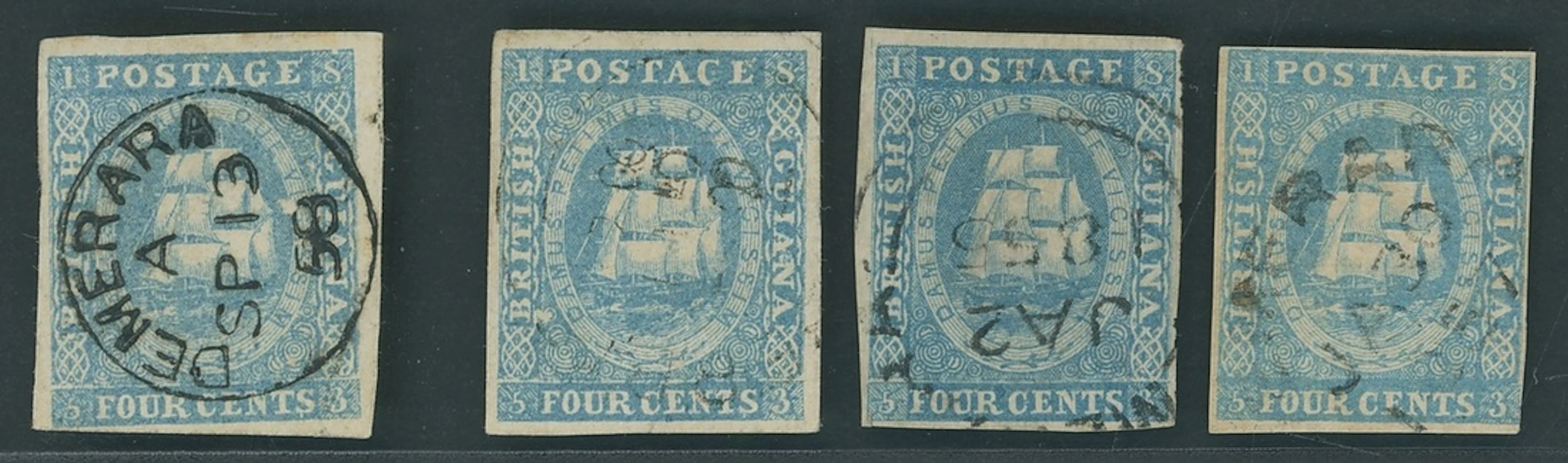 British Guiana 1853-55 4c. blue, four examples, one retouched, cancelled