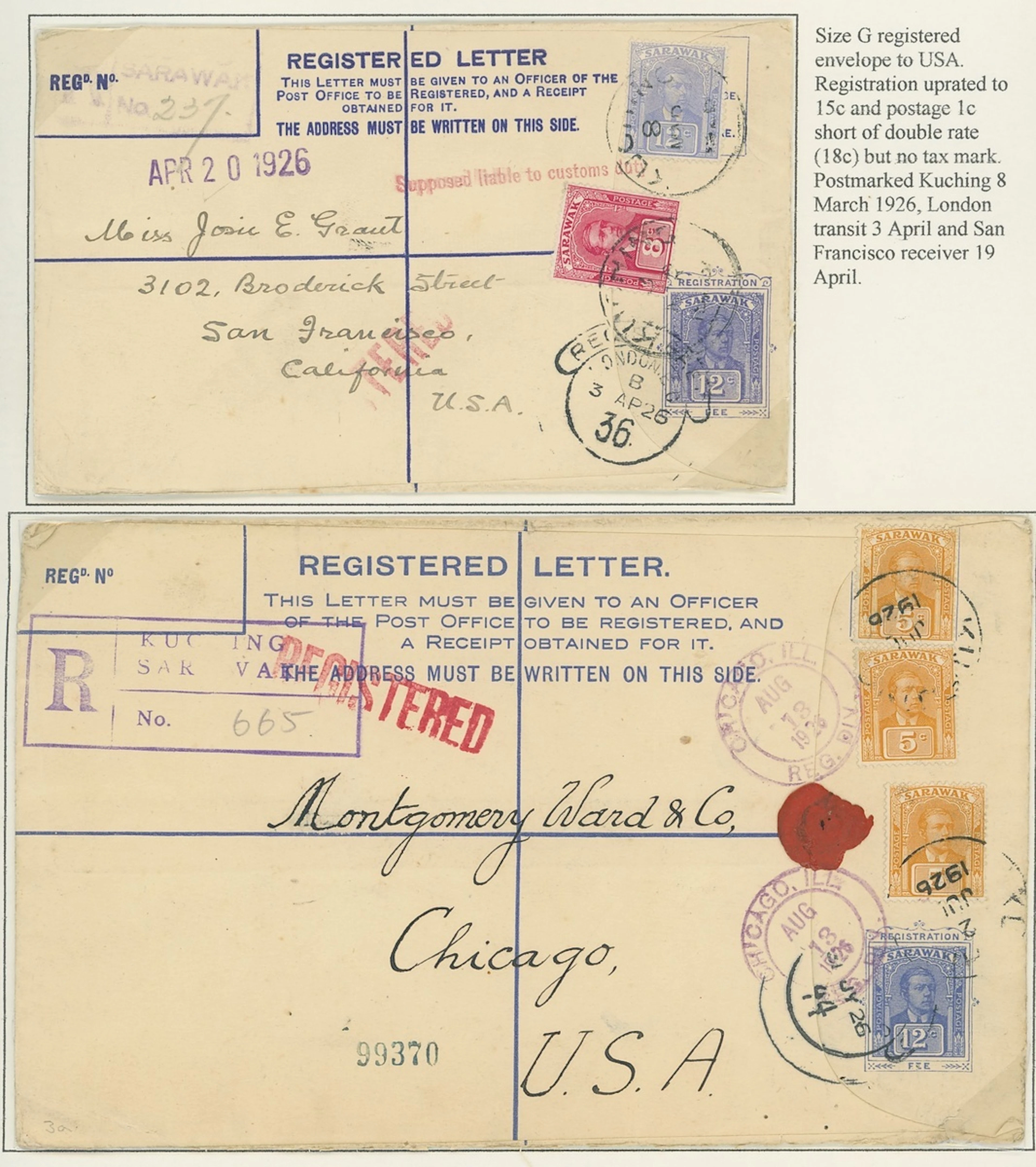 Sarawak Postal Stationery Registered Envelopes 1924-25 12c. 1926 (8