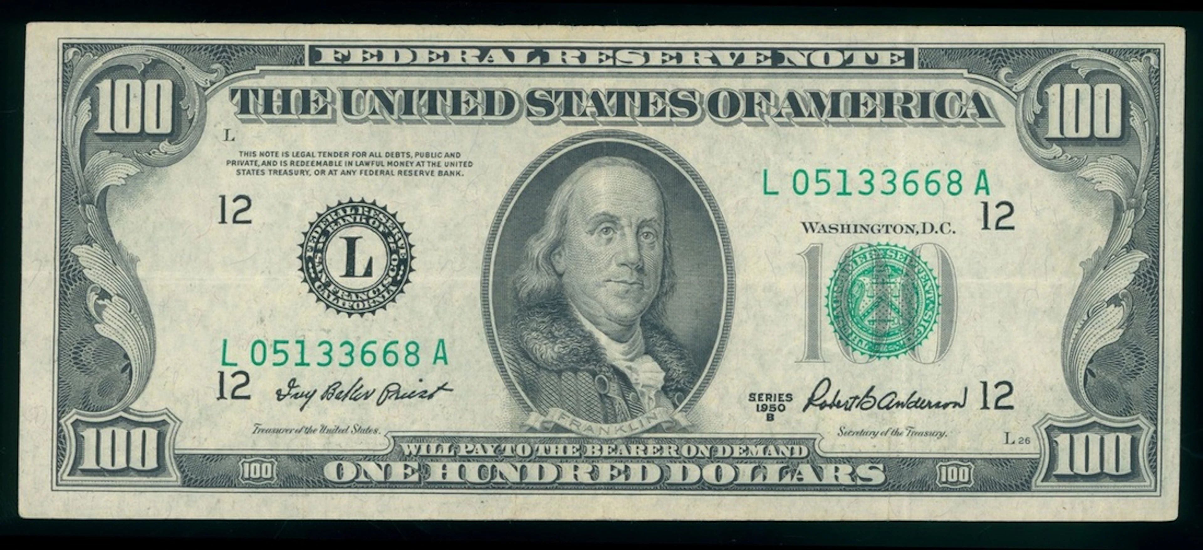 Federal Reserve Note, California, USA, $100, 1950, serial number L05133668A