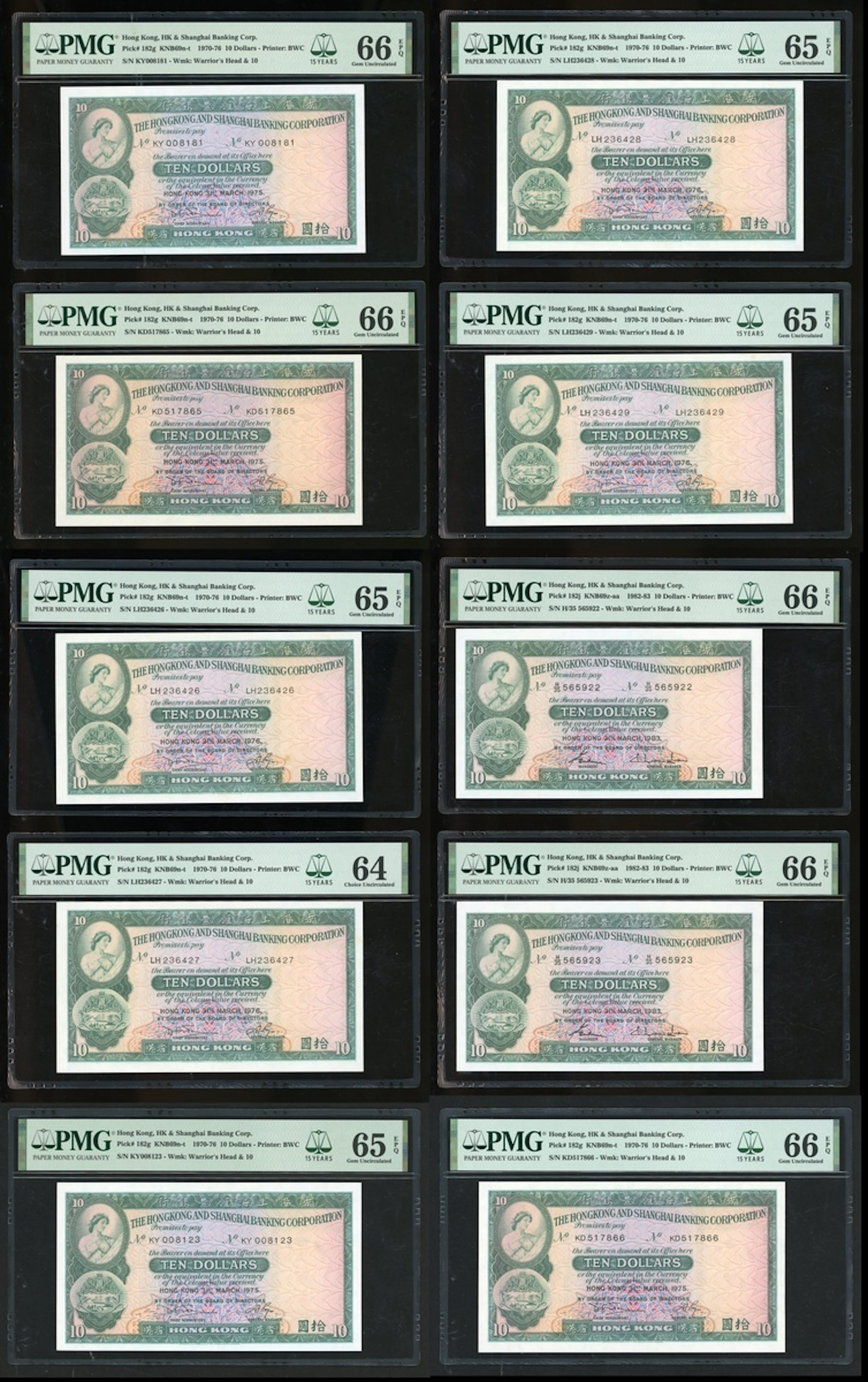 HongKong & Shanghai Banking Corporation, $10 (10), 1975, 1976, 1983