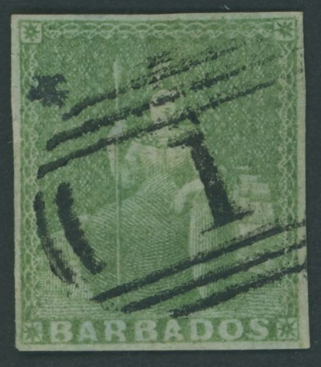 Barbados Britannia Issues 1852-55 blued paper, imperf (½d.) yellow-green