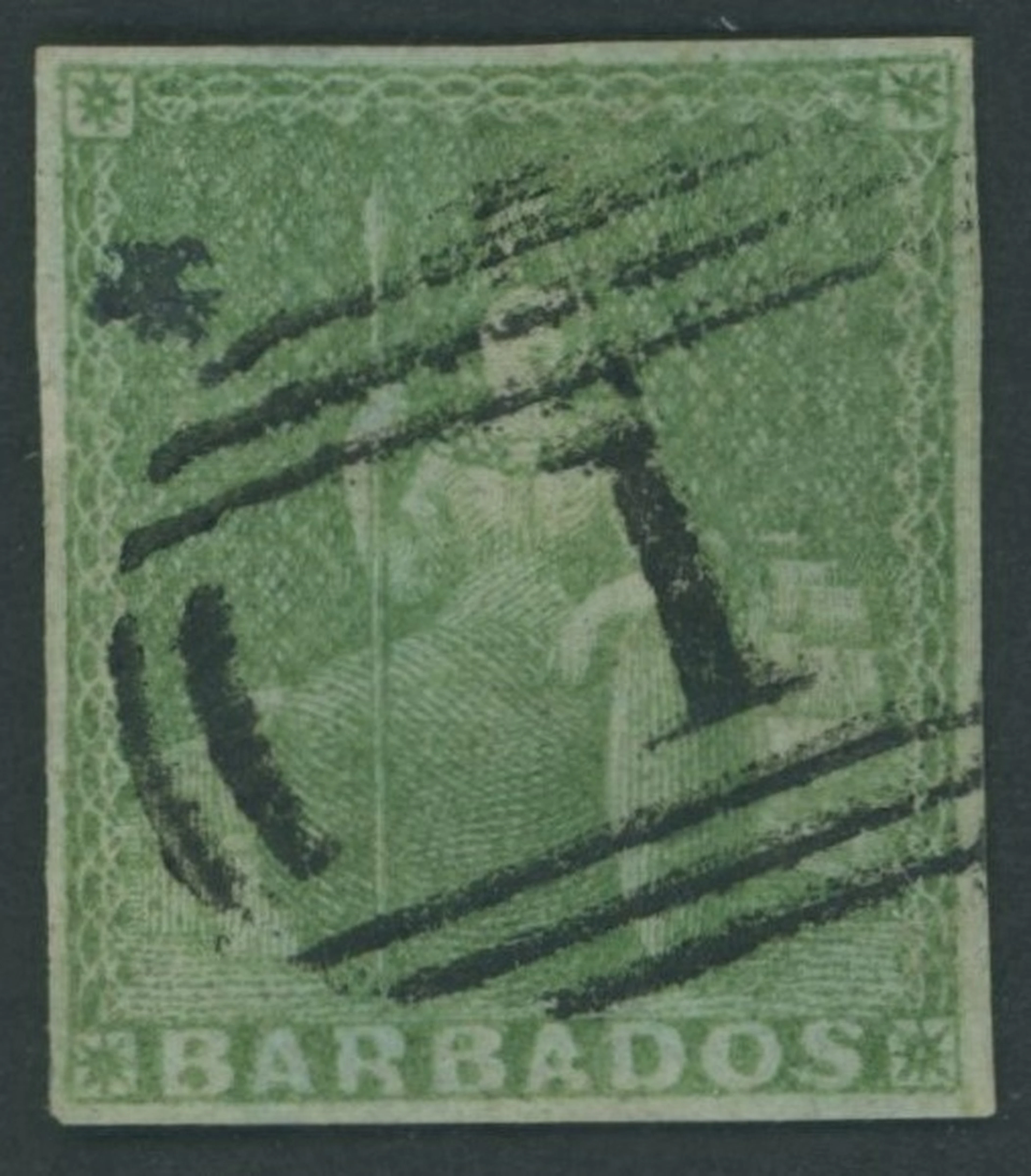 Barbados Britannia Issues 1852-55 blued paper, imperf (½d.) yellow-green