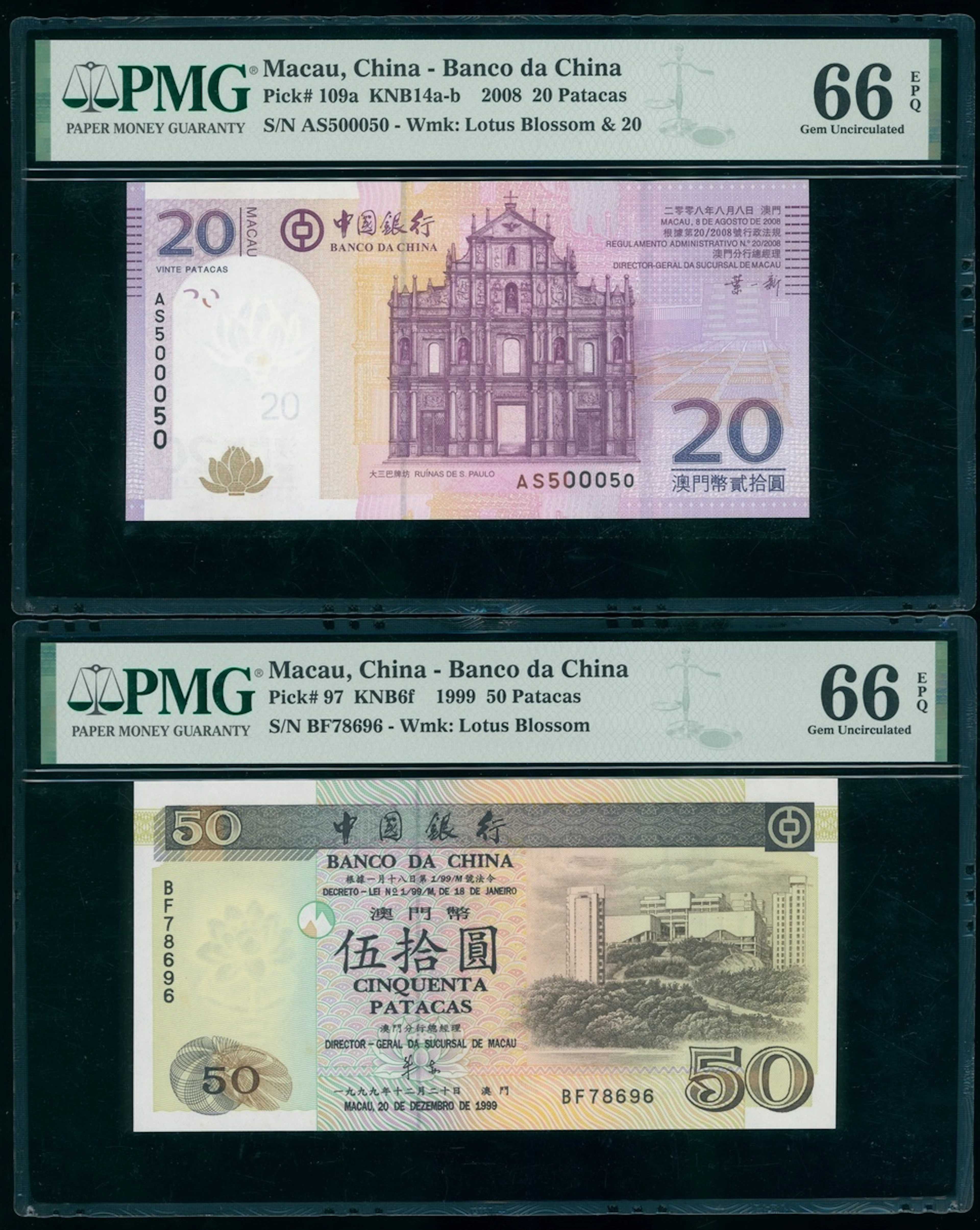 Banco da China, Macau, a pair, including 20 and 50 patacas, 2008 and
