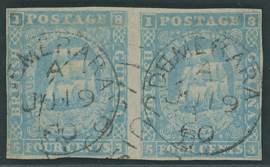 British Guiana 1860 4c. blue horizontal pair, close to good margins