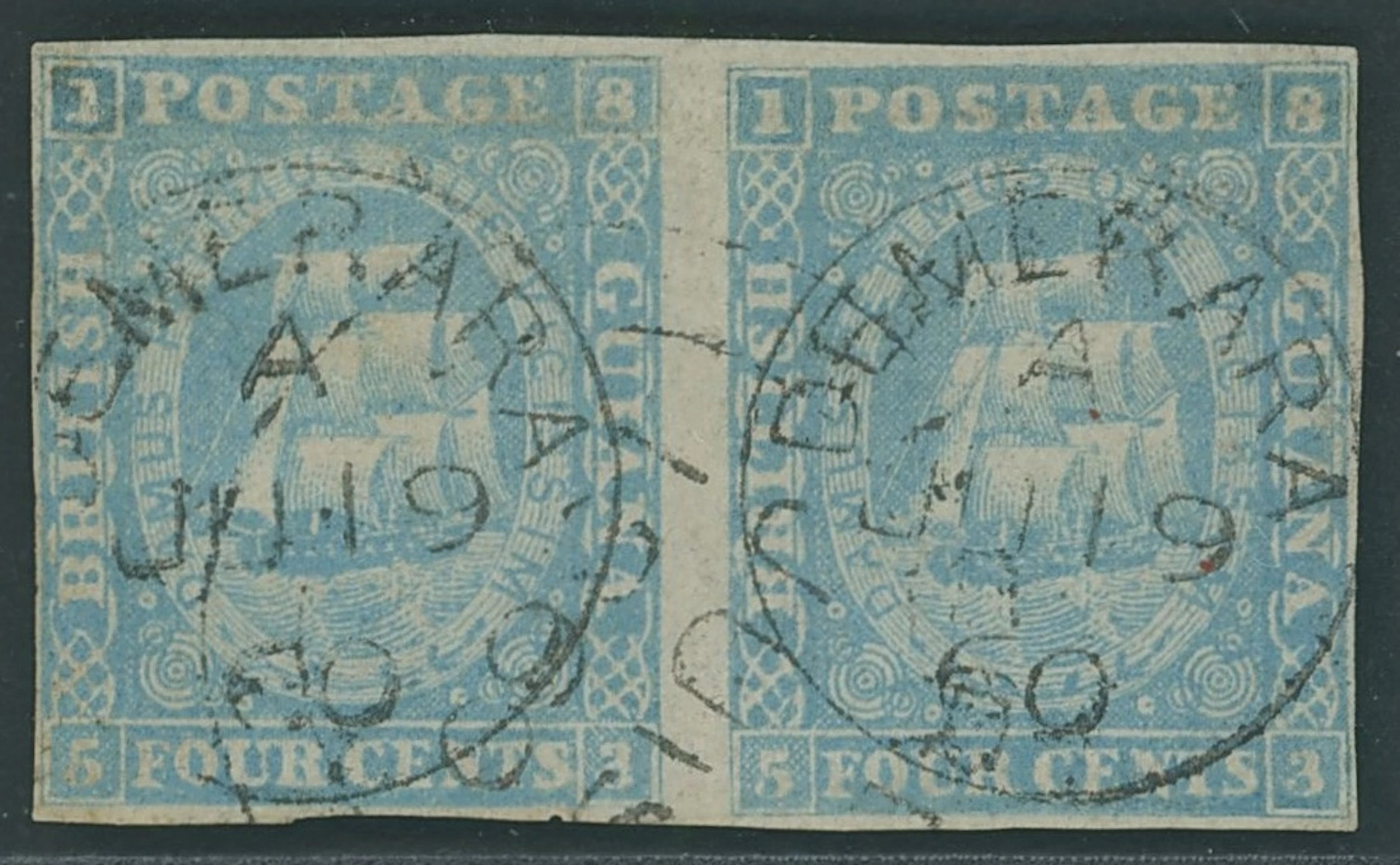 British Guiana 1860 4c. blue horizontal pair, close to good margins