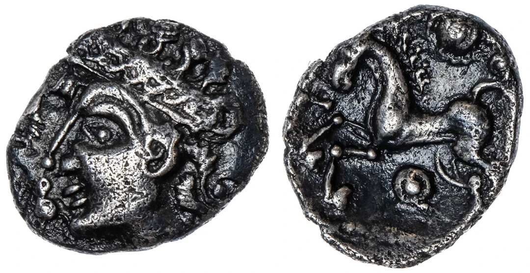 Iceni (50-15 BC), AR Unit, 'Bury Diadem' Type, female head left, heart-shaped