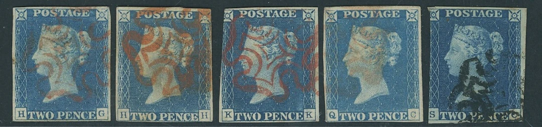 Great Britain 1840 Two Pence Blue Plate 1 HG, HH (tear), KK, QC and