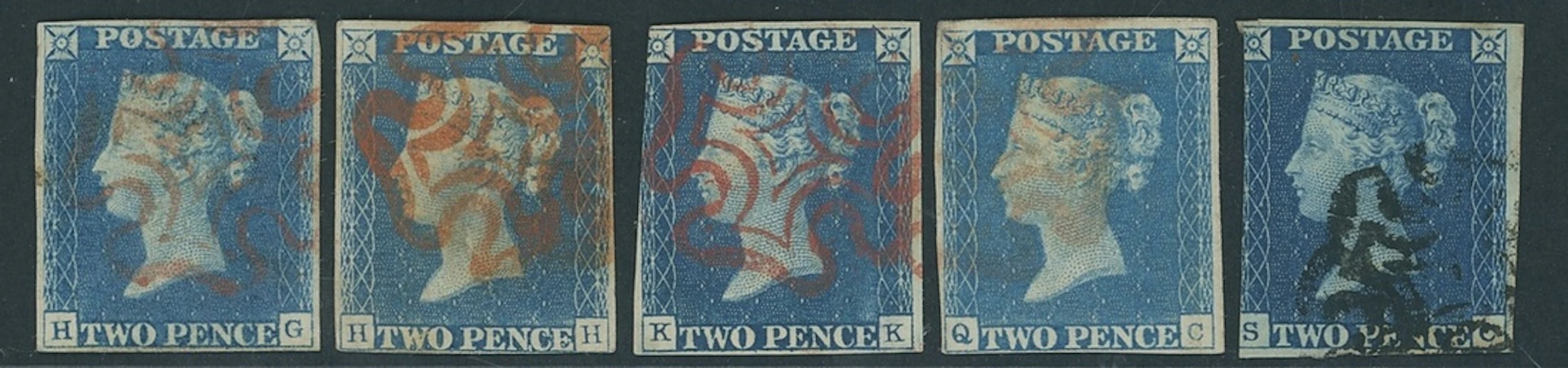 Great Britain 1840 Two Pence Blue Plate 1 HG, HH (tear), KK, QC and