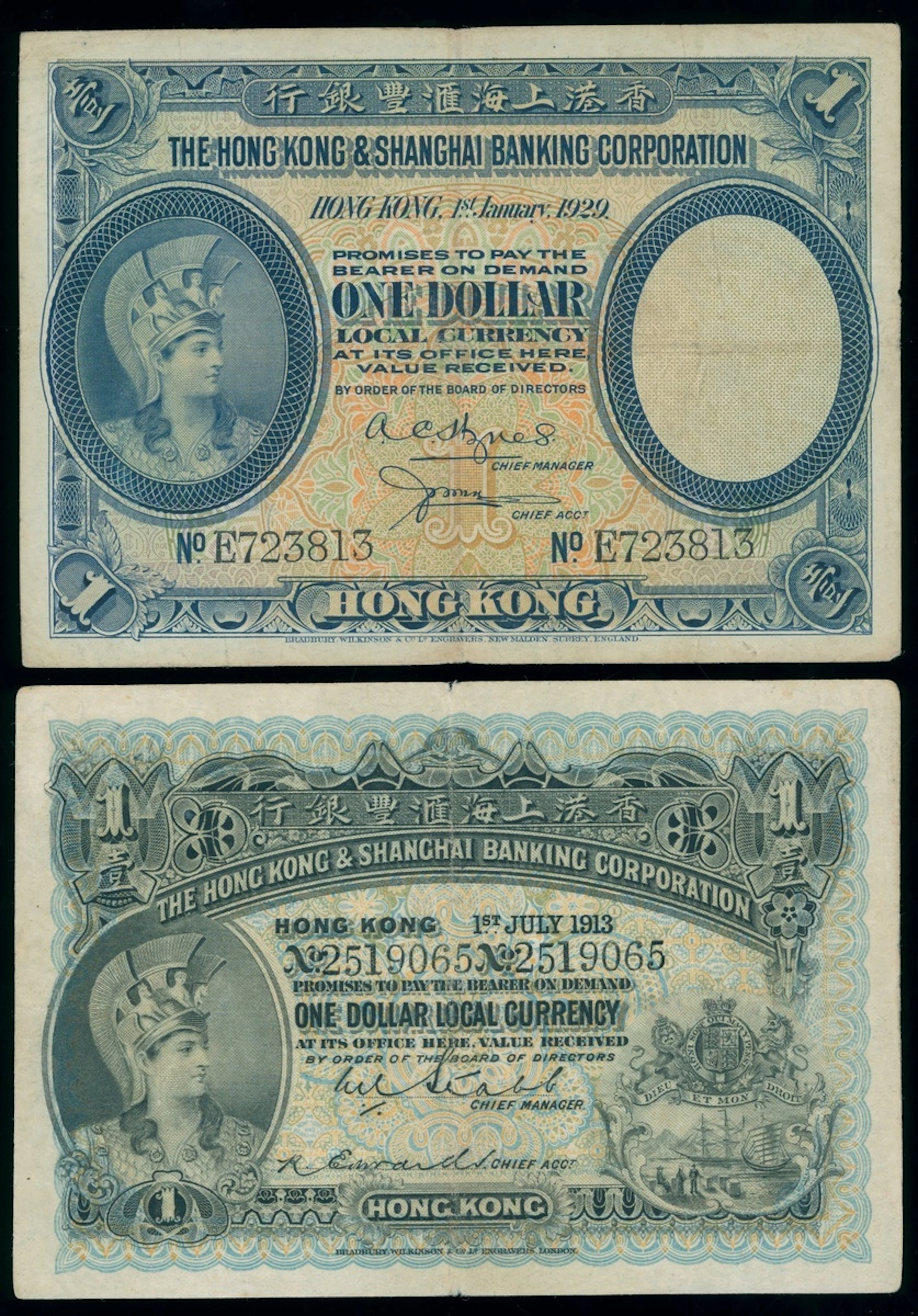 HongKong & Shanghai Banking Corporation, $1 (2), 1913, 1929, serial