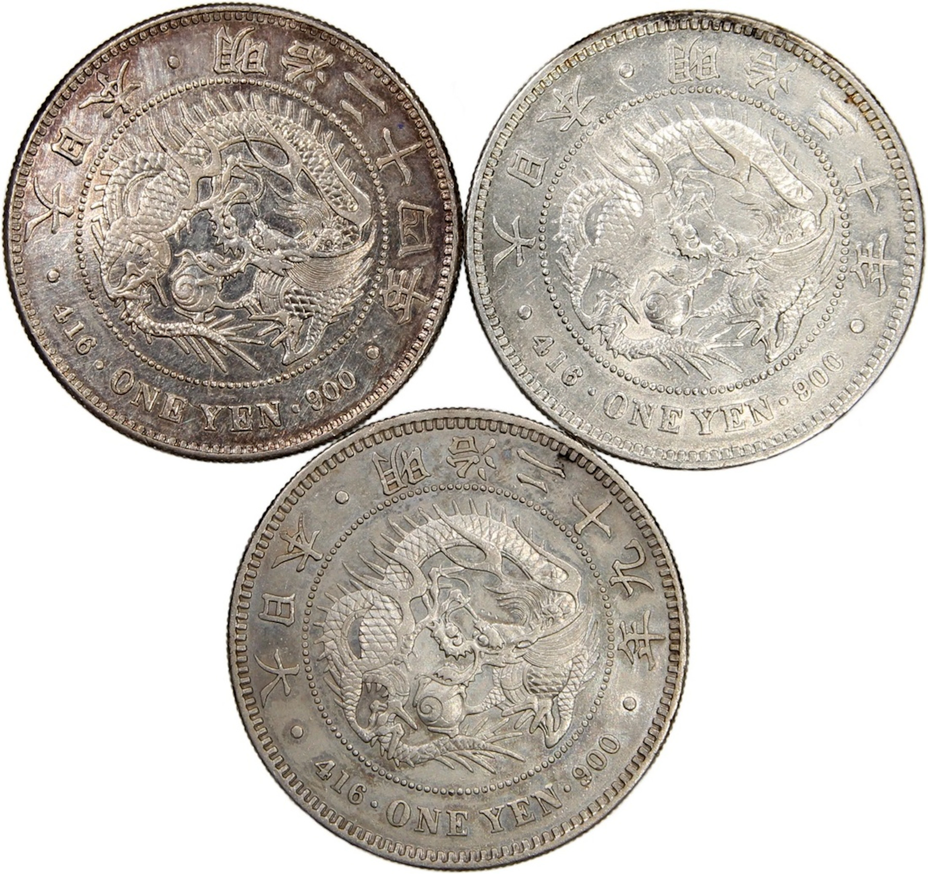 Japan, silver yen (3), Meiji Year 24, 29, 30 (1891, 1896, 1897), all