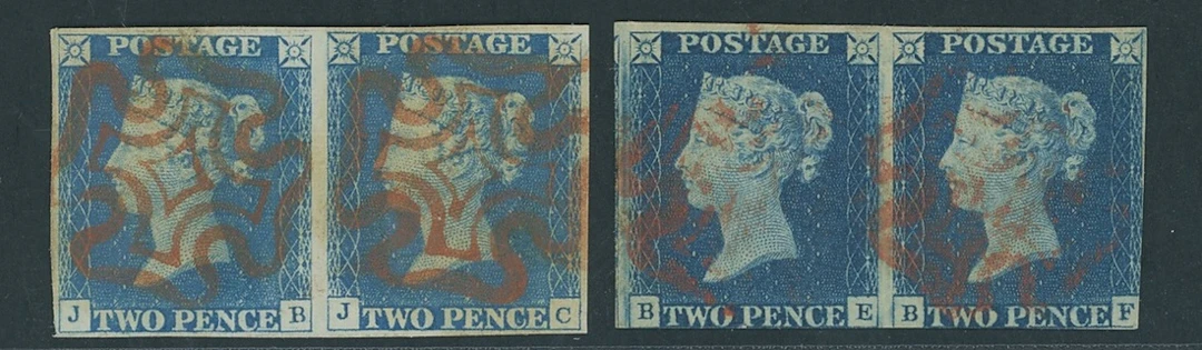 Great Britain 1840 Two Pence Blue Plate 1 JB-JC and BE-BF horizontal