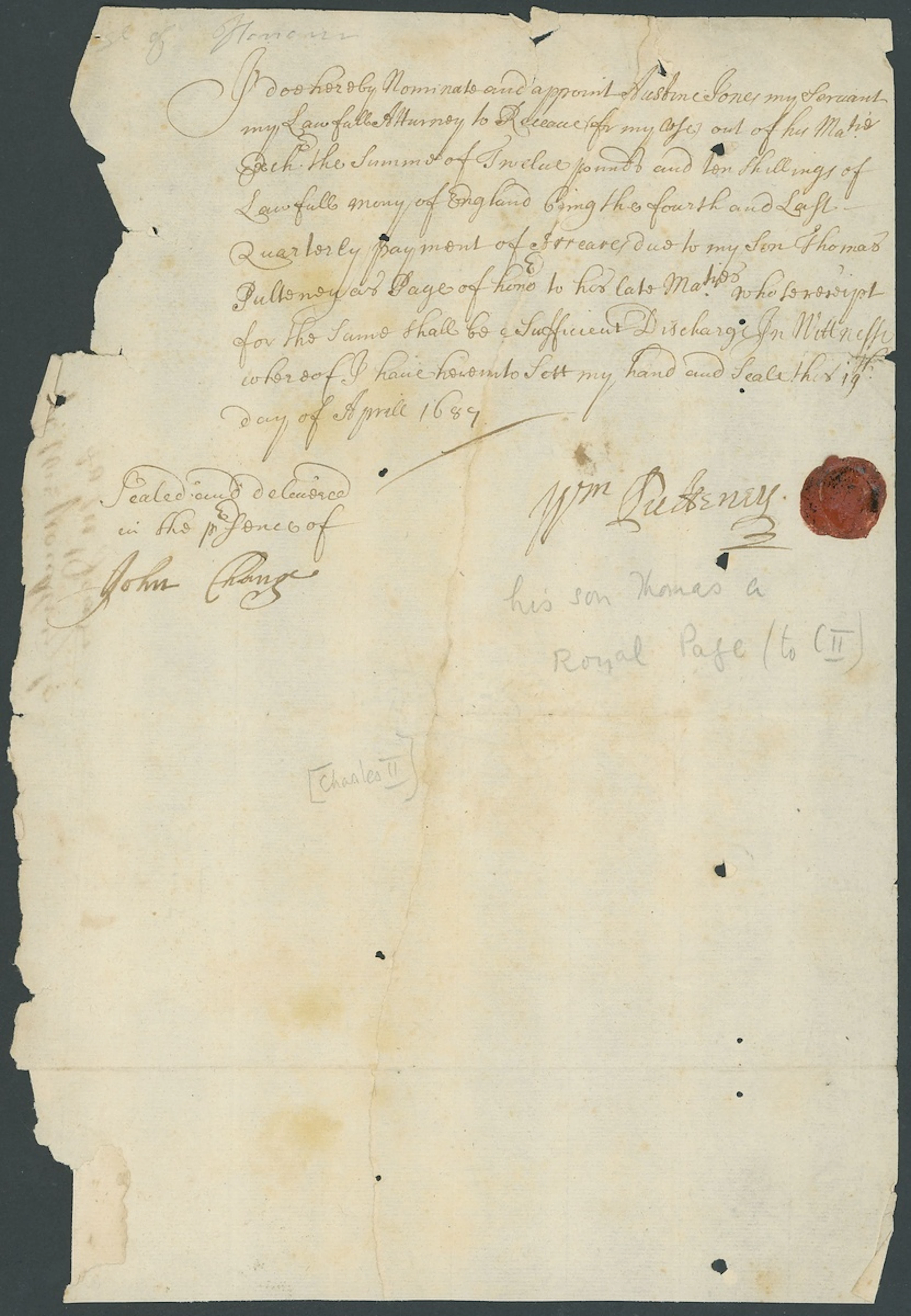 England Pulteney Family C. 1700 A pair of receipts recording payment