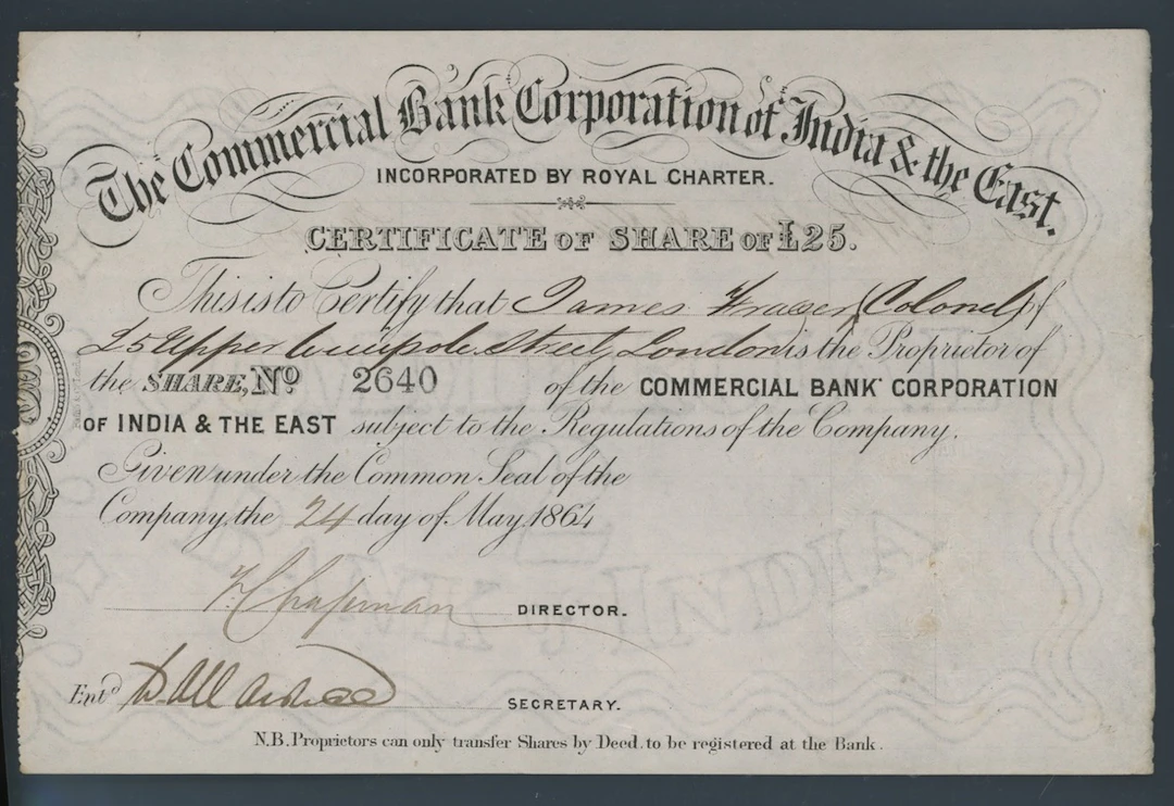 Commercial Bank Corporation of India & the East, certificate of share