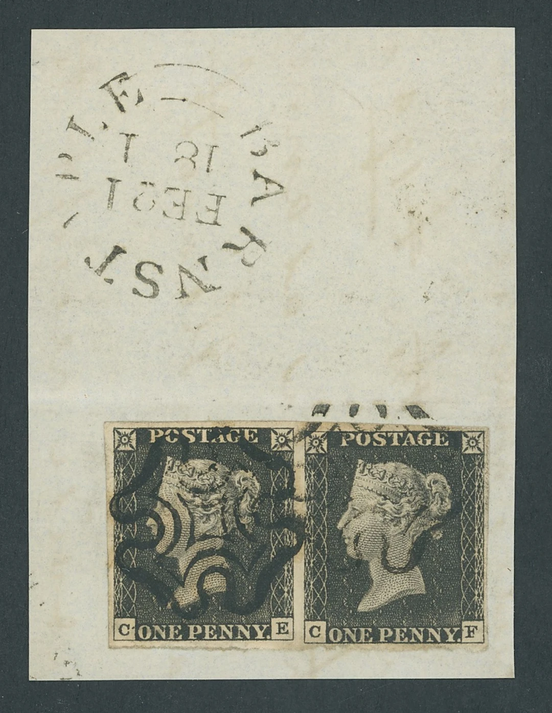 Great Britain 1840 One Penny Black Plate 3 CE-CF, horizontal pair