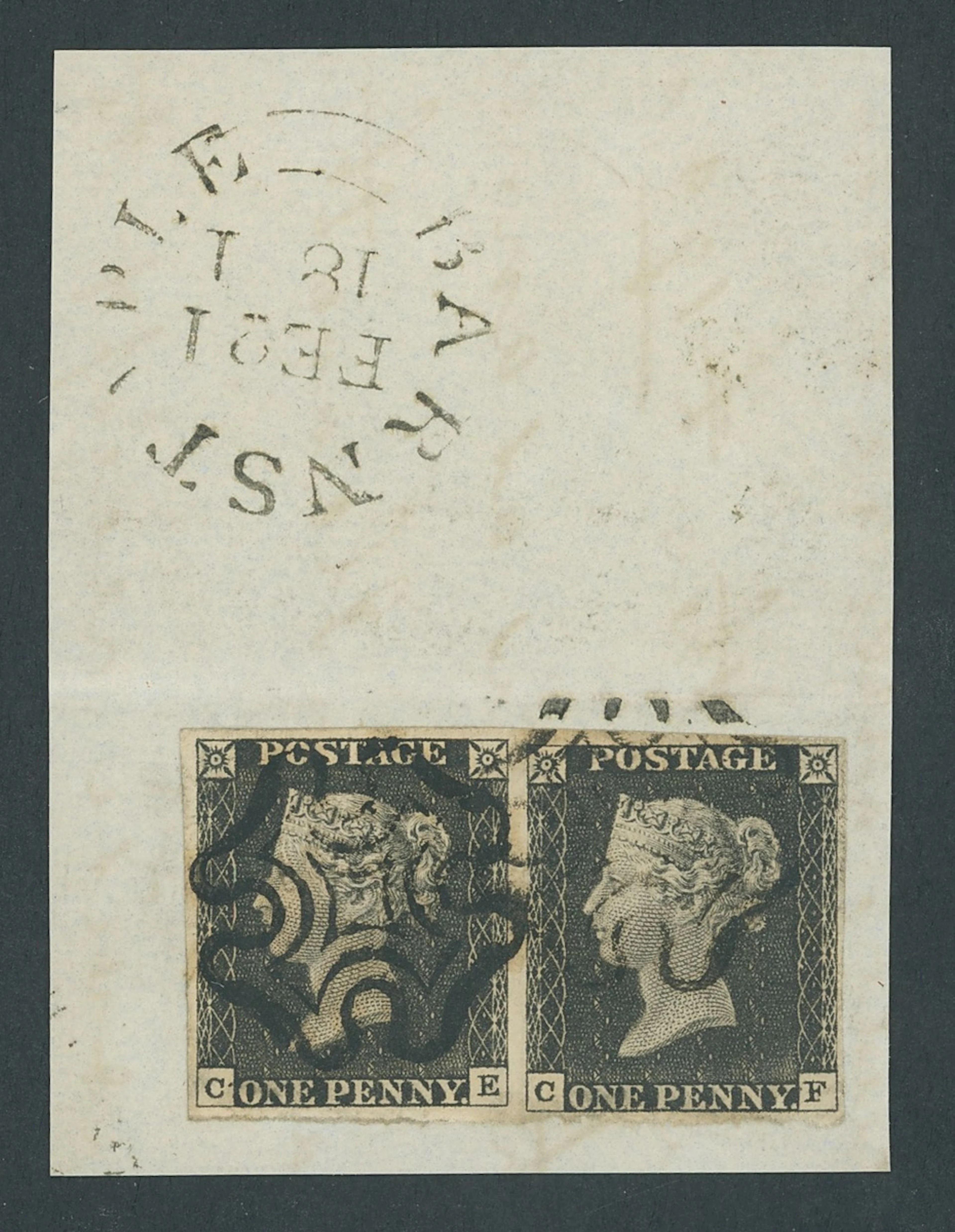Great Britain 1840 One Penny Black Plate 3 CE-CF, horizontal pair