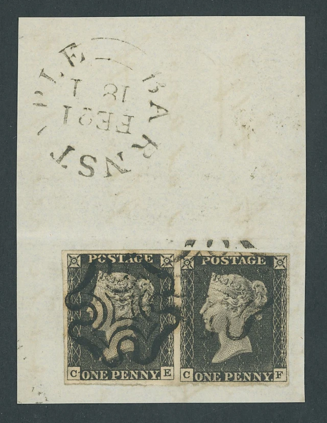 Great Britain 1840 One Penny Black Plate 3 CE-CF, horizontal pair