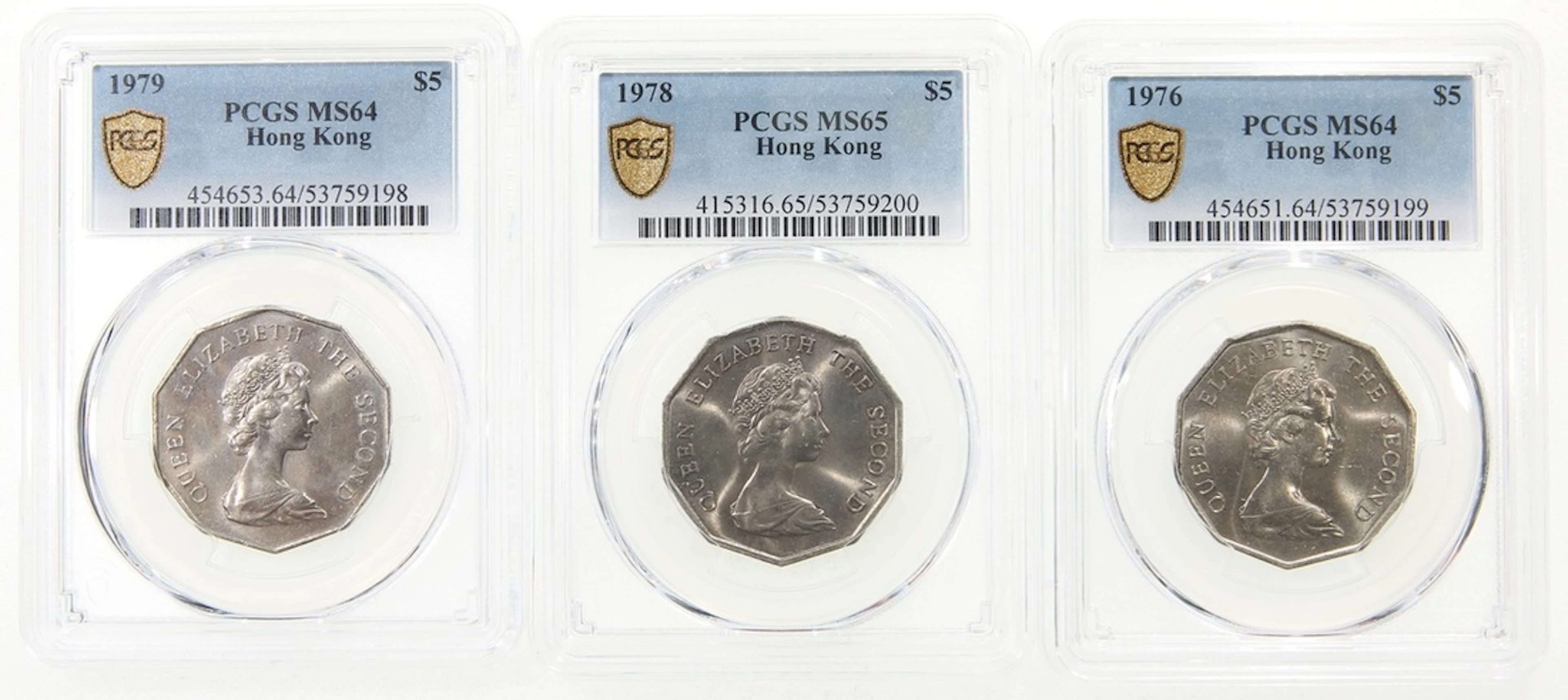 Hong Kong, a trio of decagon nickel $5, 1976, 1978 and 1979