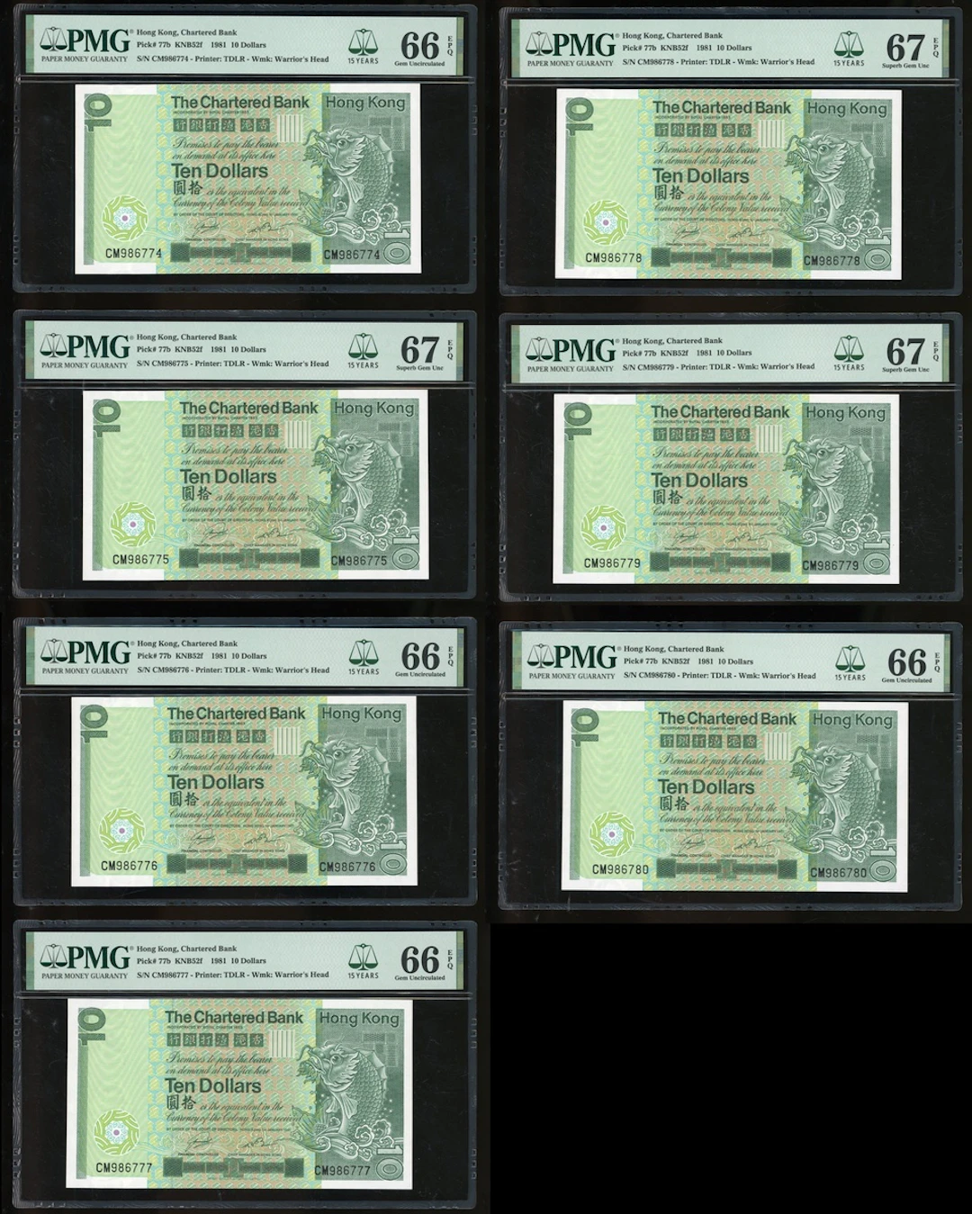 Chartered Bank, Hong Kong, consecutive $10 (7), 1981, serial numbers