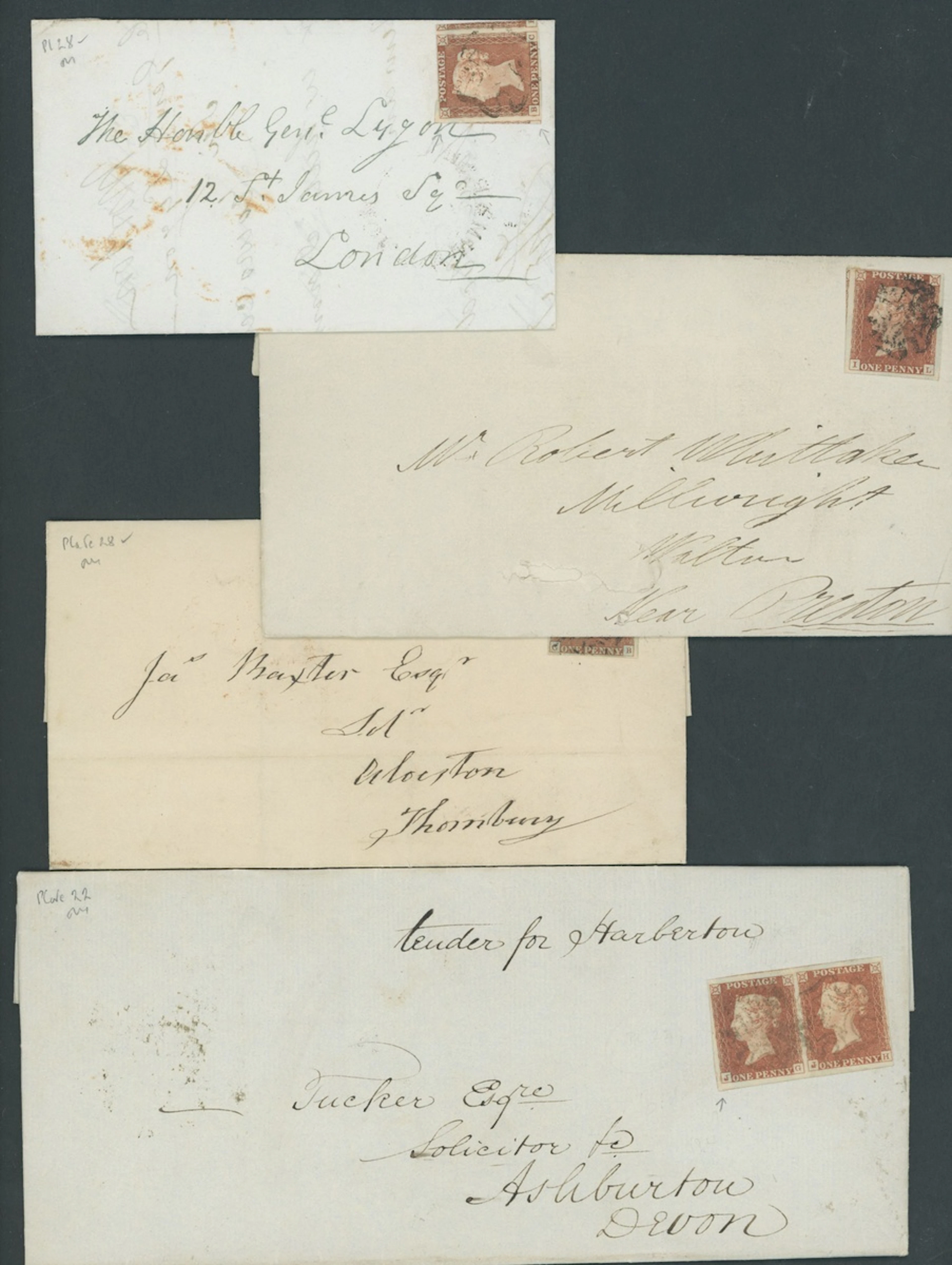 Great Britain 1841-53 One Penny Red-Brown Mixed Plates Plate 22 JG-JH