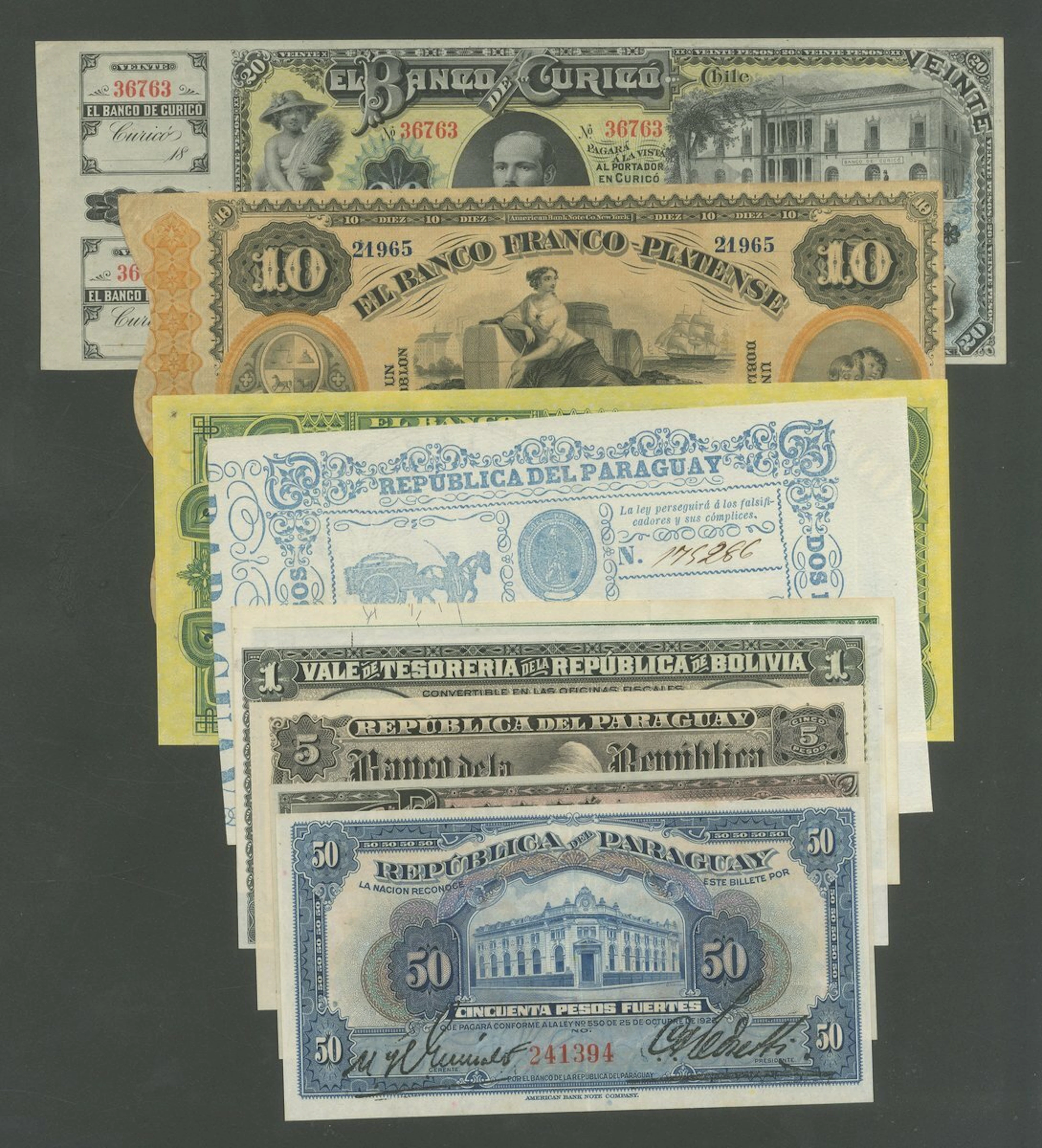 South America, [14 notes] 1 Guaraní, 5 Pesos M.N. = 1/2 Peso Oro