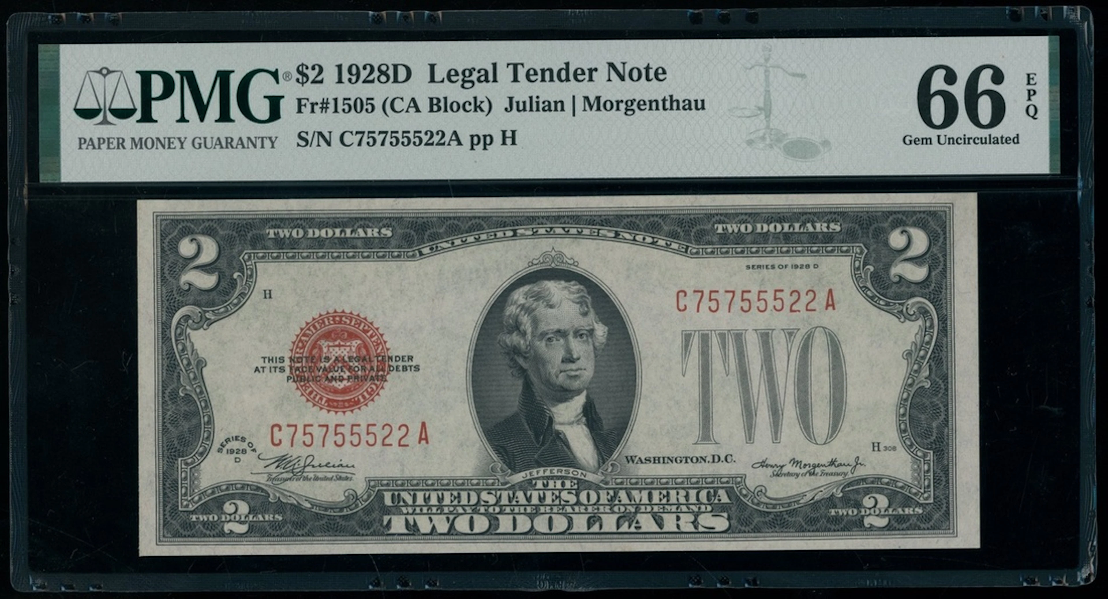 United States, Legal Tender Note, $2, 1928D, serial number C75755522A