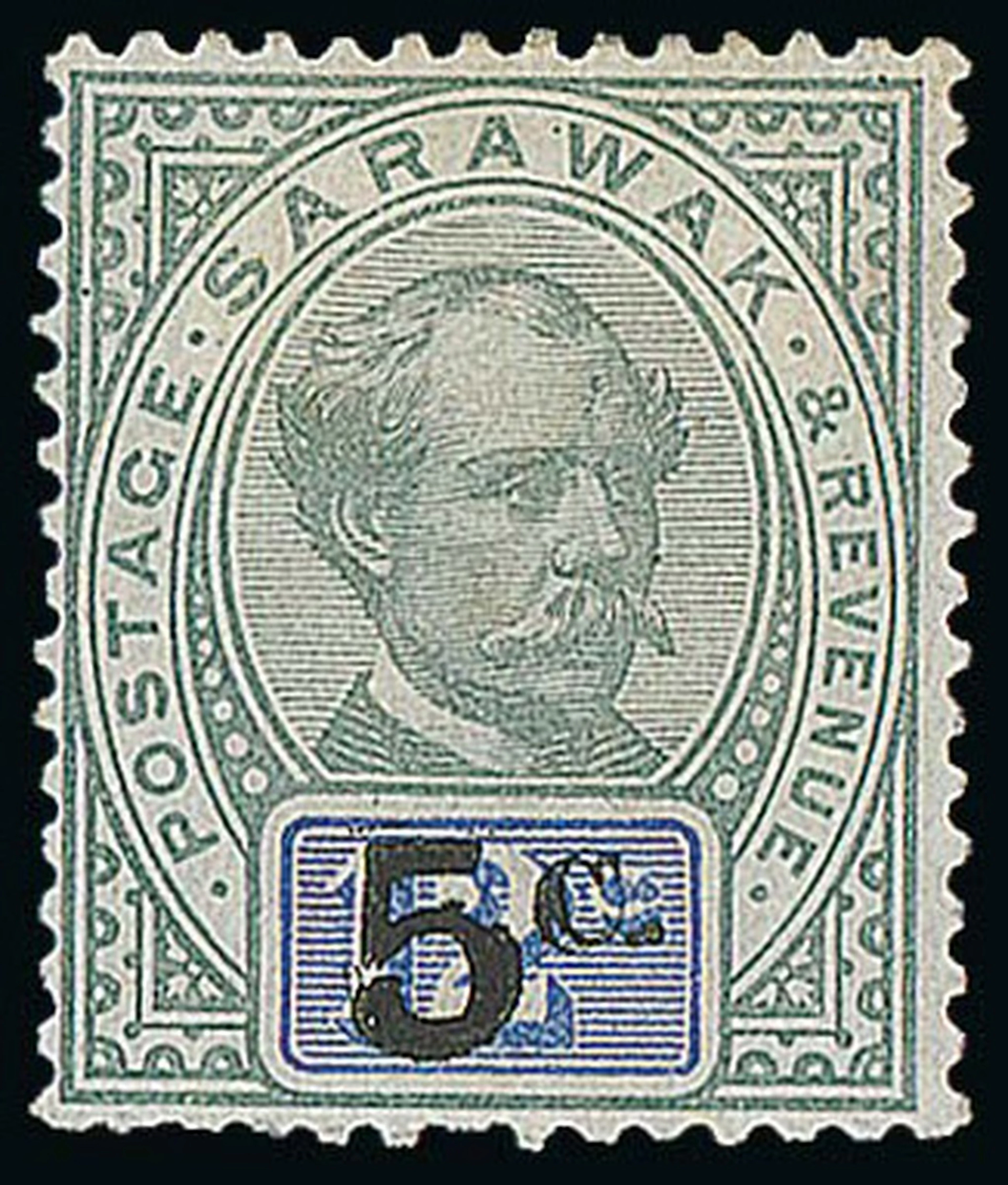 Sarawak 1889-92 Provisionals "5c" (Type 8) on 12c. green and blue