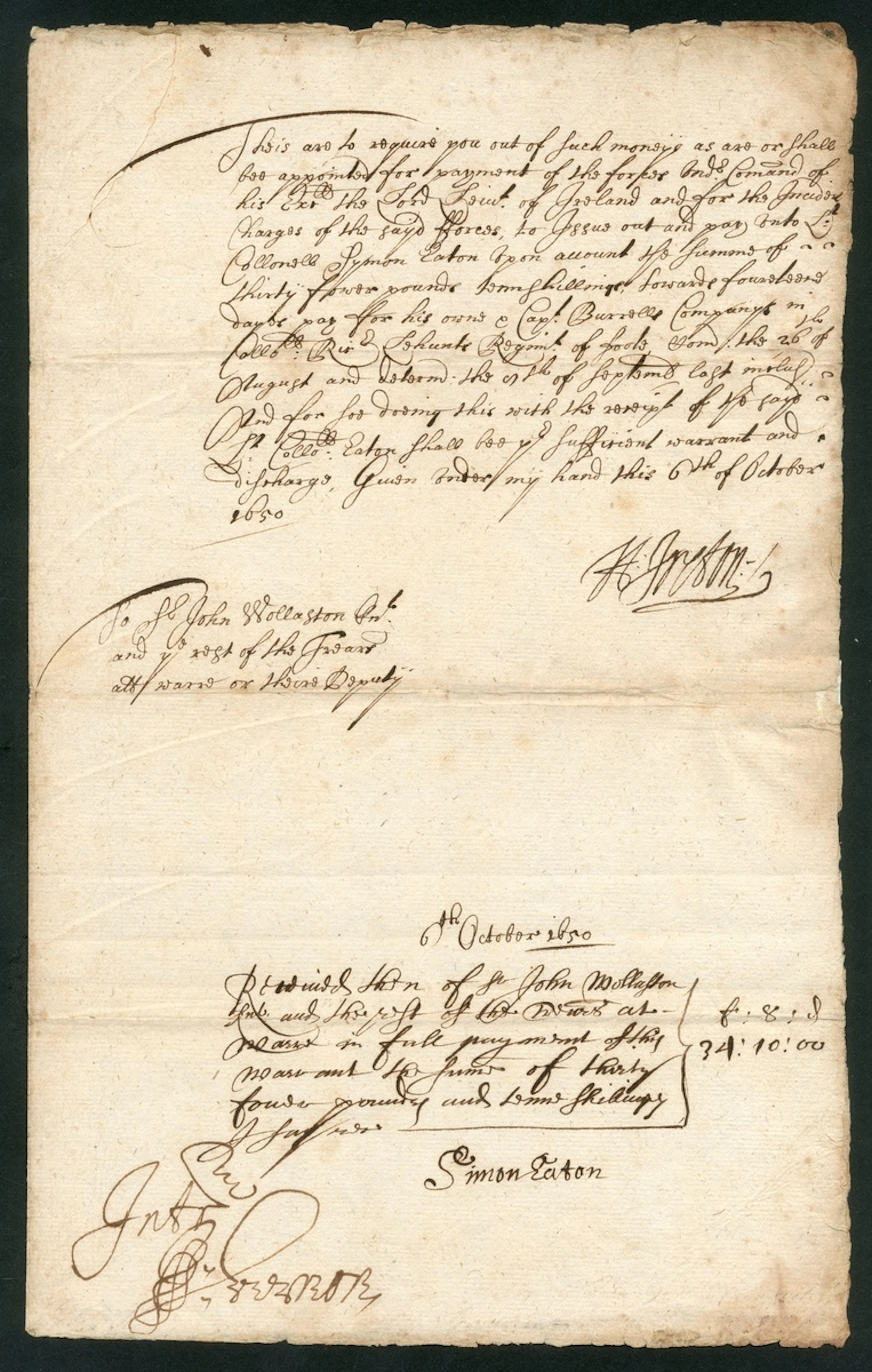 Henry Ireton, Parliamentary Forces in Ireland 1650 (6 October) warrant