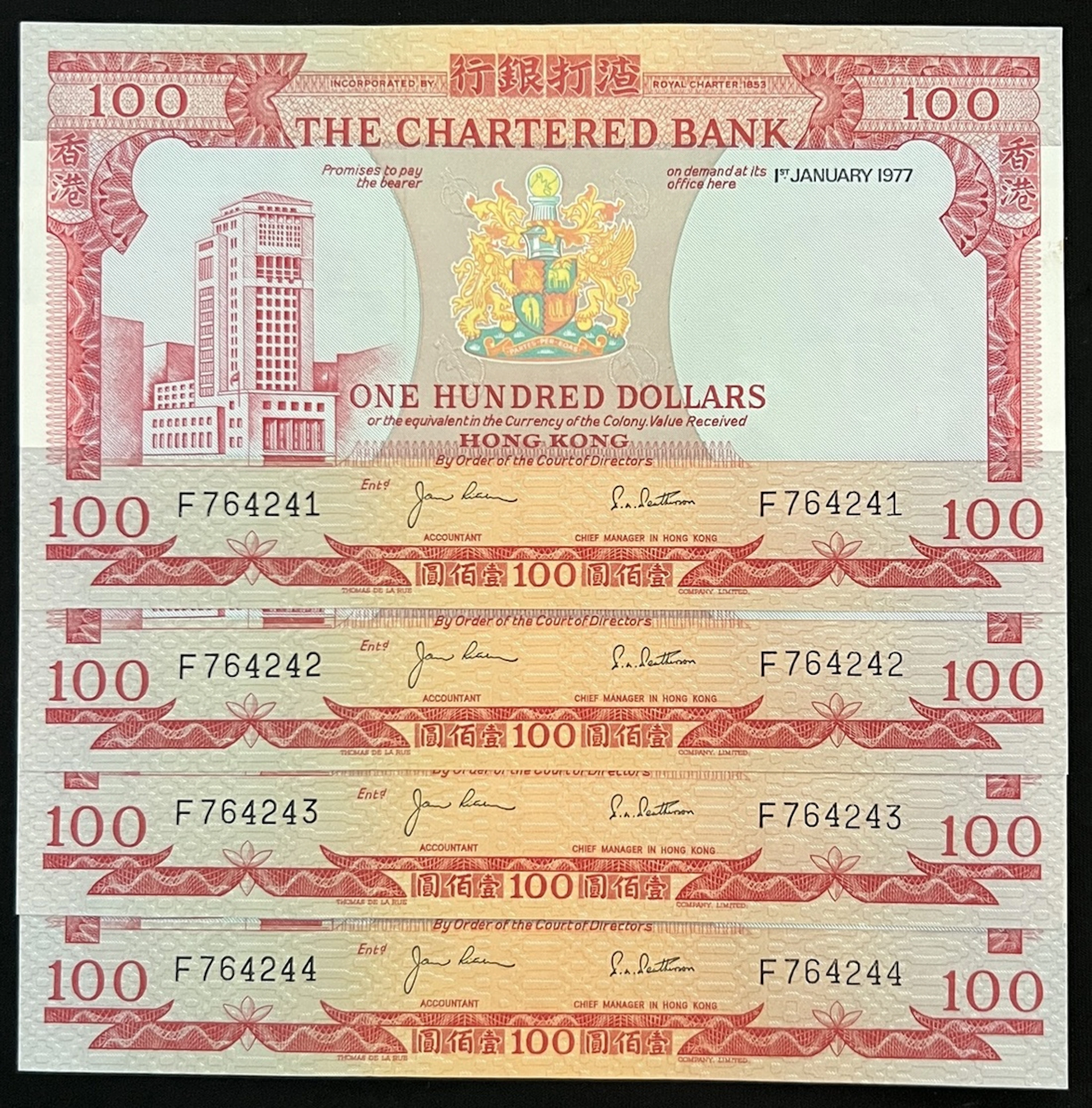 Chartered Bank, Hong Kong, consecutive $100 (4), 1.1.1977, serial
