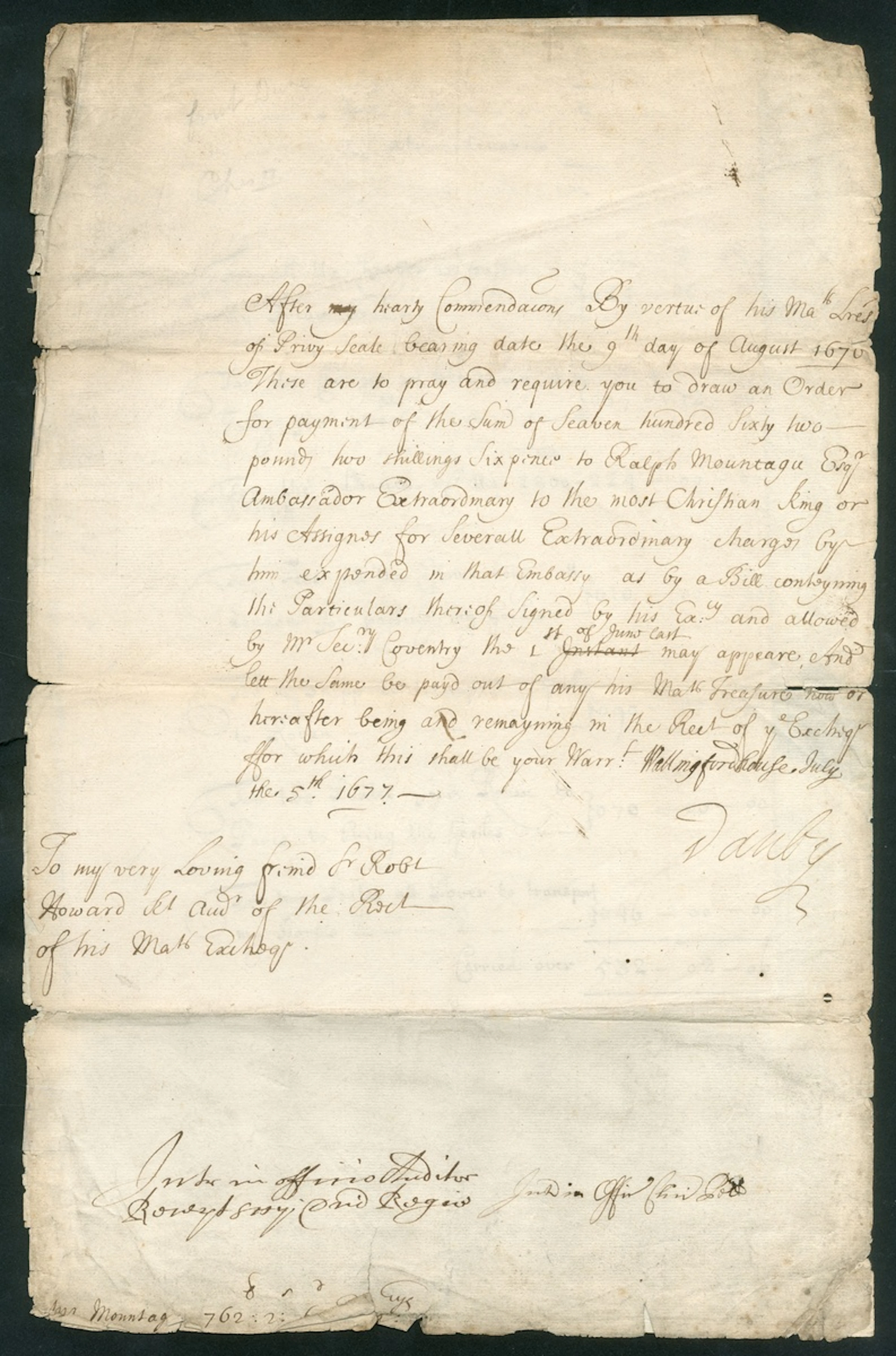 England Lord High Treasurer Warrant 1677 An excellent example of a