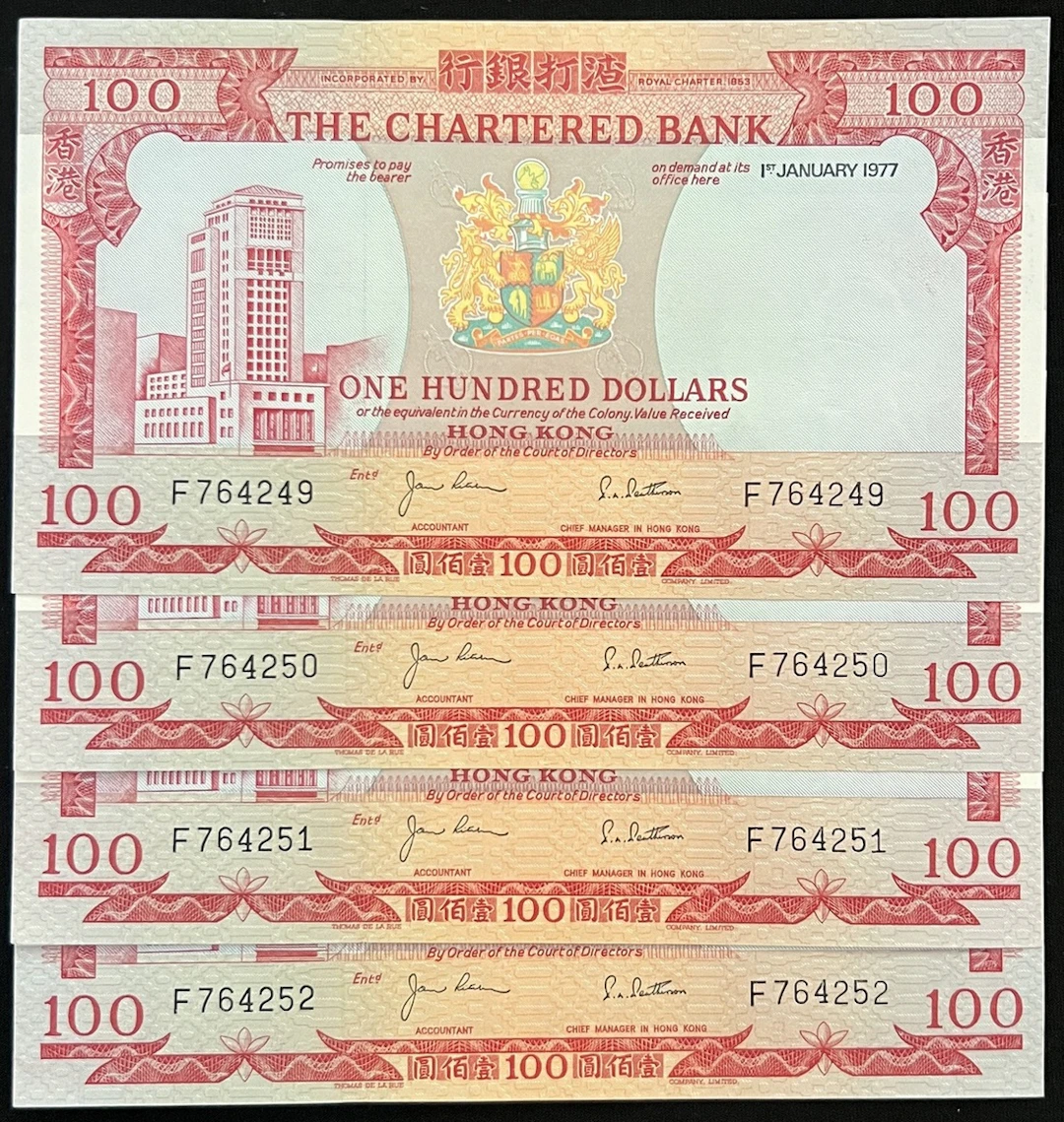 Chartered Bank, Hong Kong, consecutive $100 (4), 1.1.1977, serial