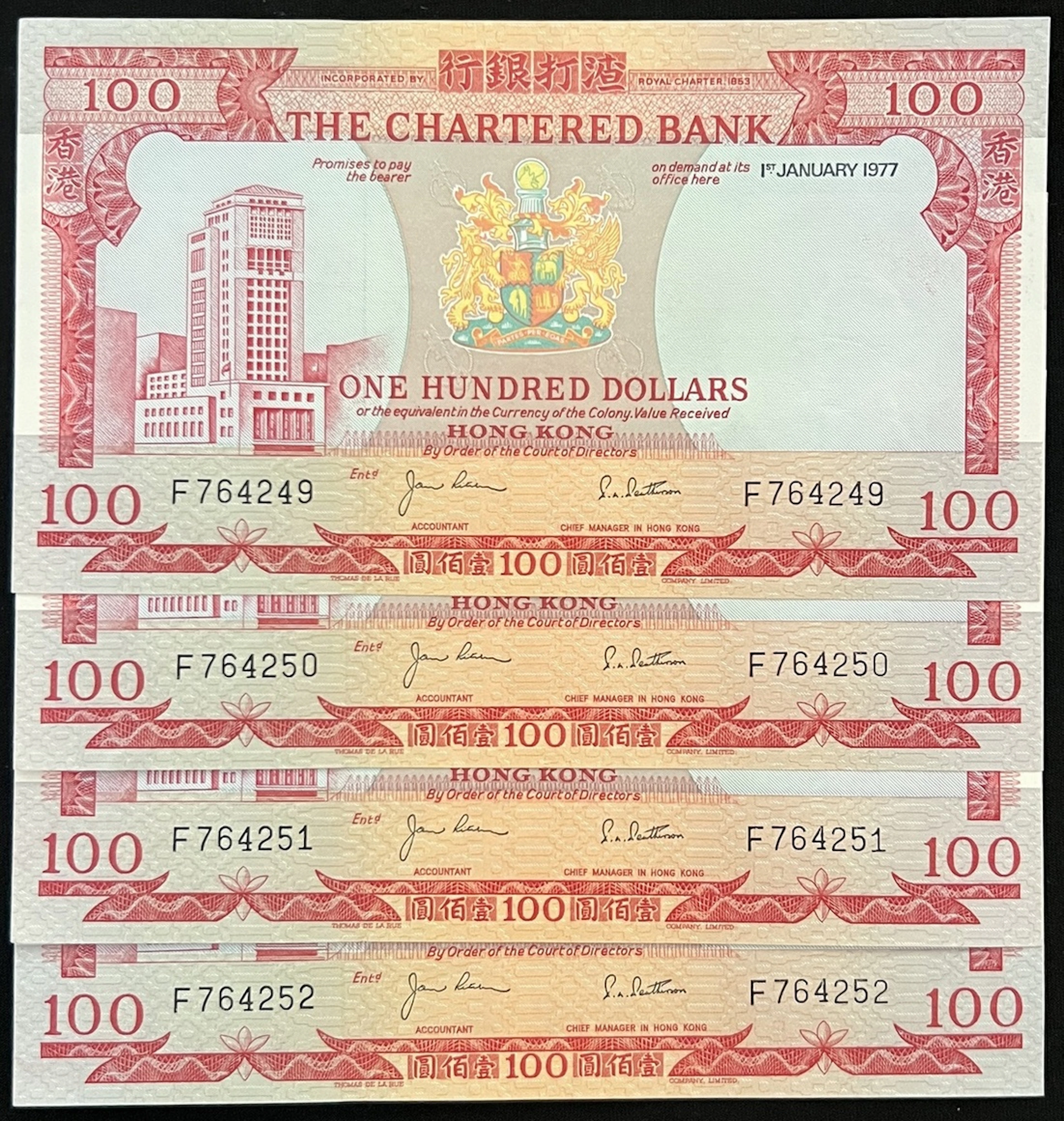 Chartered Bank, Hong Kong, consecutive $100 (4), 1.1.1977, serial